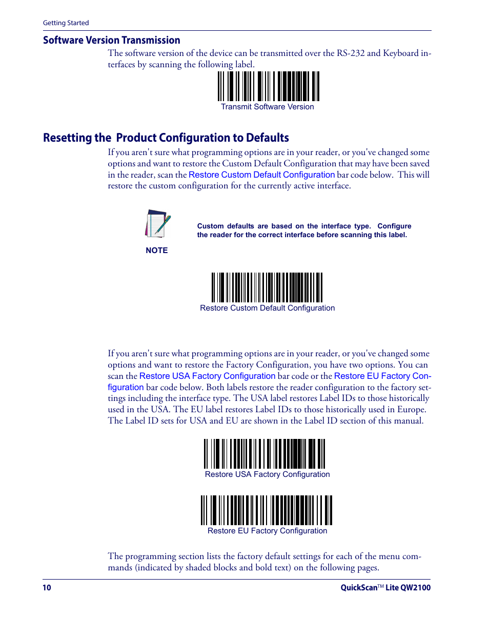 Software Version Transmission Resetting The Product Configuration To Defaults G Bar Code Labels Like Datalogic Quickscan Lite Qw2100 User Manual Page 20 324 Original Mode