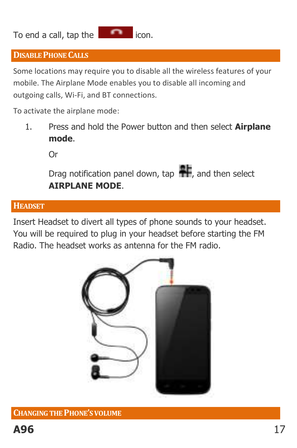 Isable, Hone, Alls | Eadset, Hanging the, S volume, A96 17 | Micromax Canvas Power User Manual | Page 17 / 56