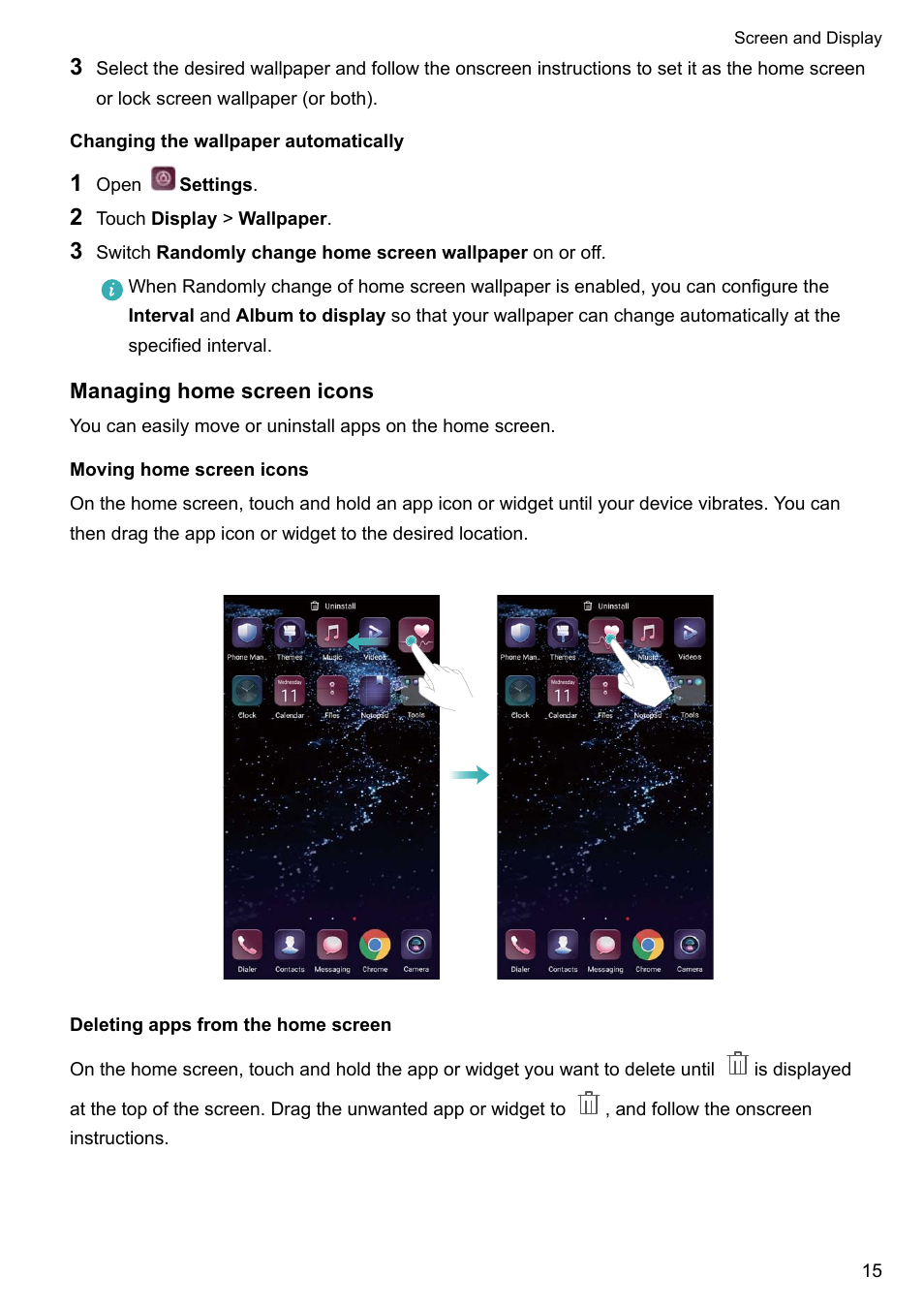Changing The Wallpaper Automatically Managing Home Screen Icons Moving Home Screen Icons Huawei P10 User Manual Page 21 158