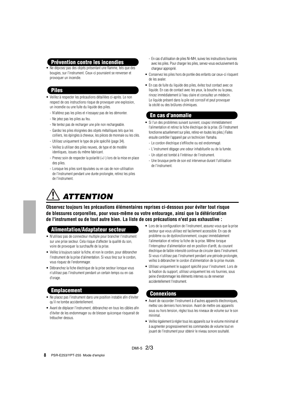 Attention | Yamaha PSR-E253 User Manual | Page 8 / 48 | Original mode