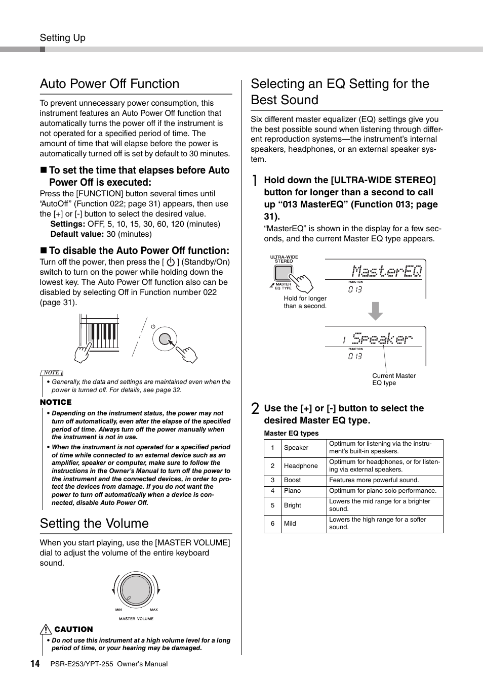 Auto power off function, Setting the volume, Selecting an eq setting for the best sound | Mastereq speaker | Yamaha PSR-E253 User Manual | Page 14 / 48