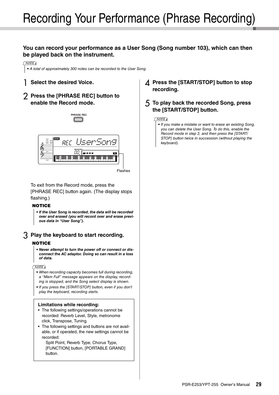 Recording your performance (phrase recording), Usersong | Yamaha PSR-E253 User Manual | Page 29 / 48