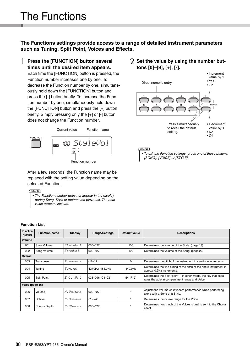 The functions, Stylevol, Set the value by using the number but- tons [0]–[9 | Yamaha PSR-E253 User Manual | Page 30 / 48