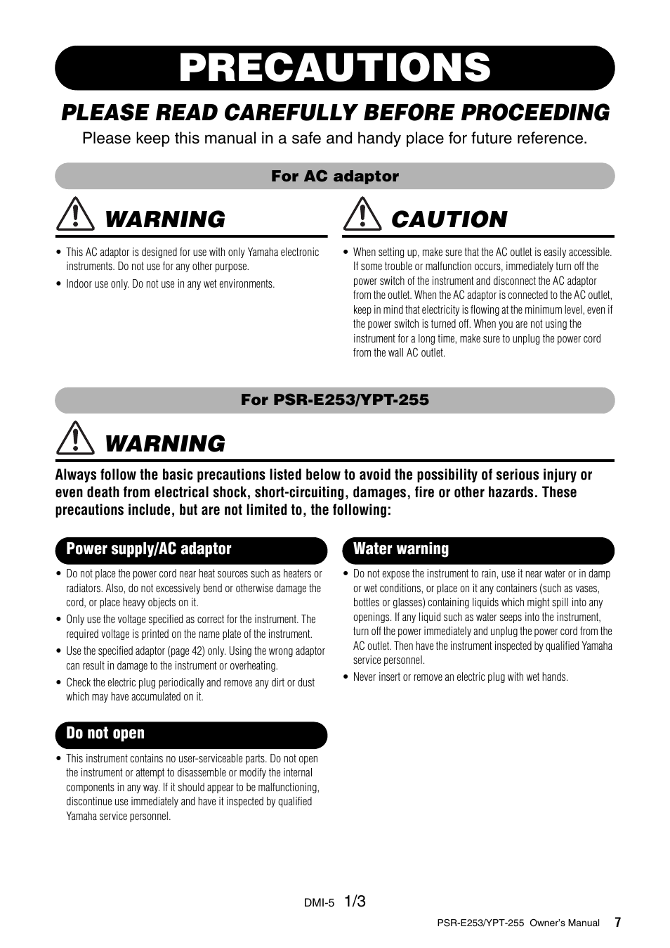 Precautions, Please read carefully before proceeding, Warning | Caution | Yamaha PSR-E253 User Manual | Page 7 / 48