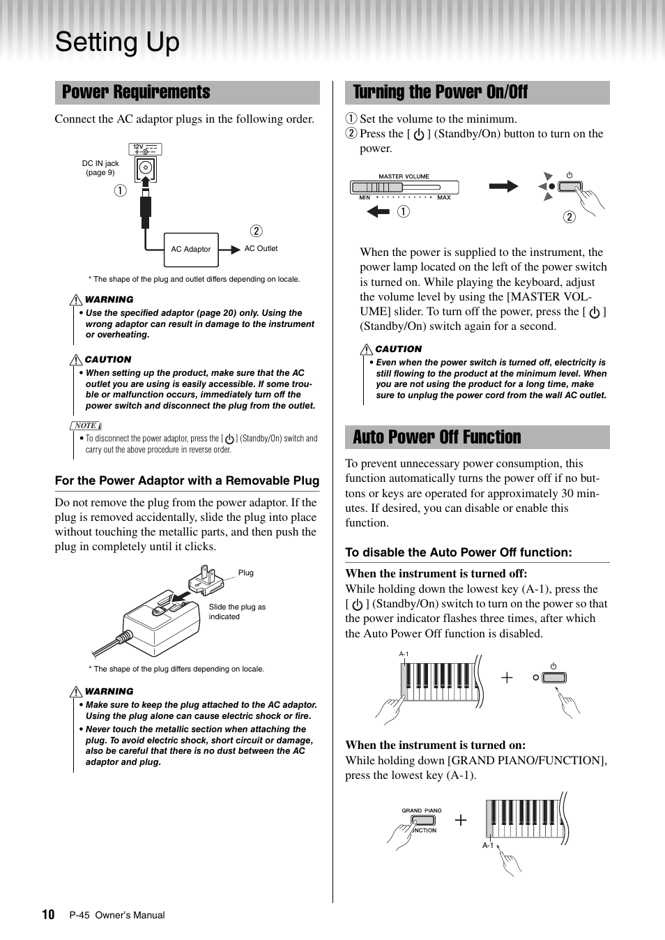 Setting up, Power requirements, Turning the power on/off | Auto power off function | Yamaha P-45 User Manual | Page 10 / 24