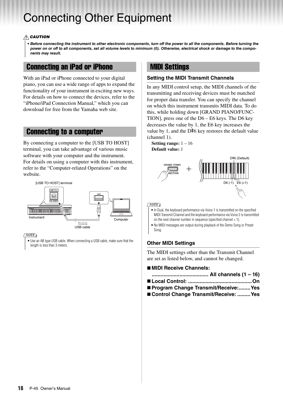 Connecting other equipment, Connecting an ipad or iphone, Connecting to a computer | Midi settings | Yamaha P-45 User Manual | Page 18 / 24