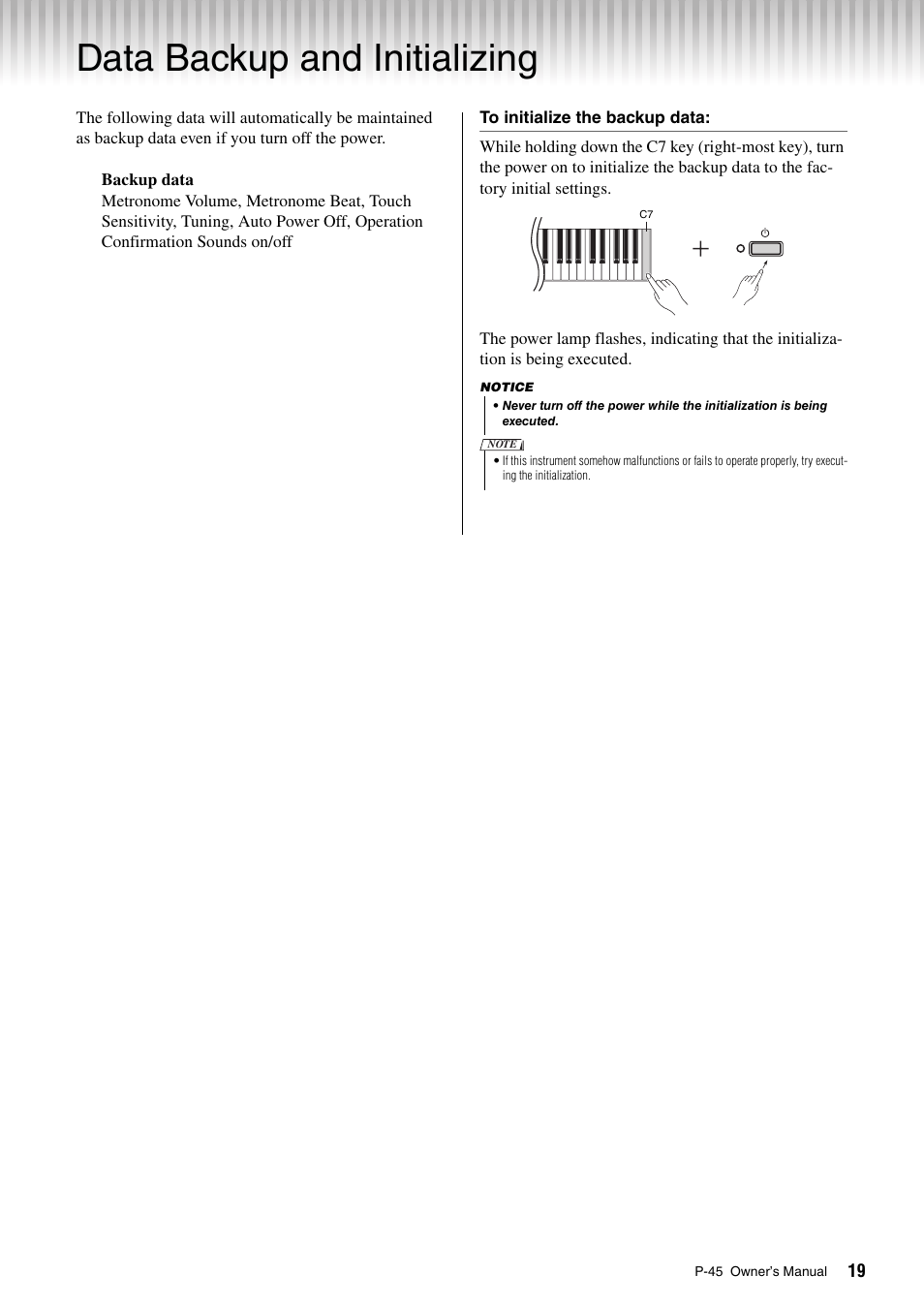 Data backup and initializing | Yamaha P-45 User Manual | Page 19 / 24