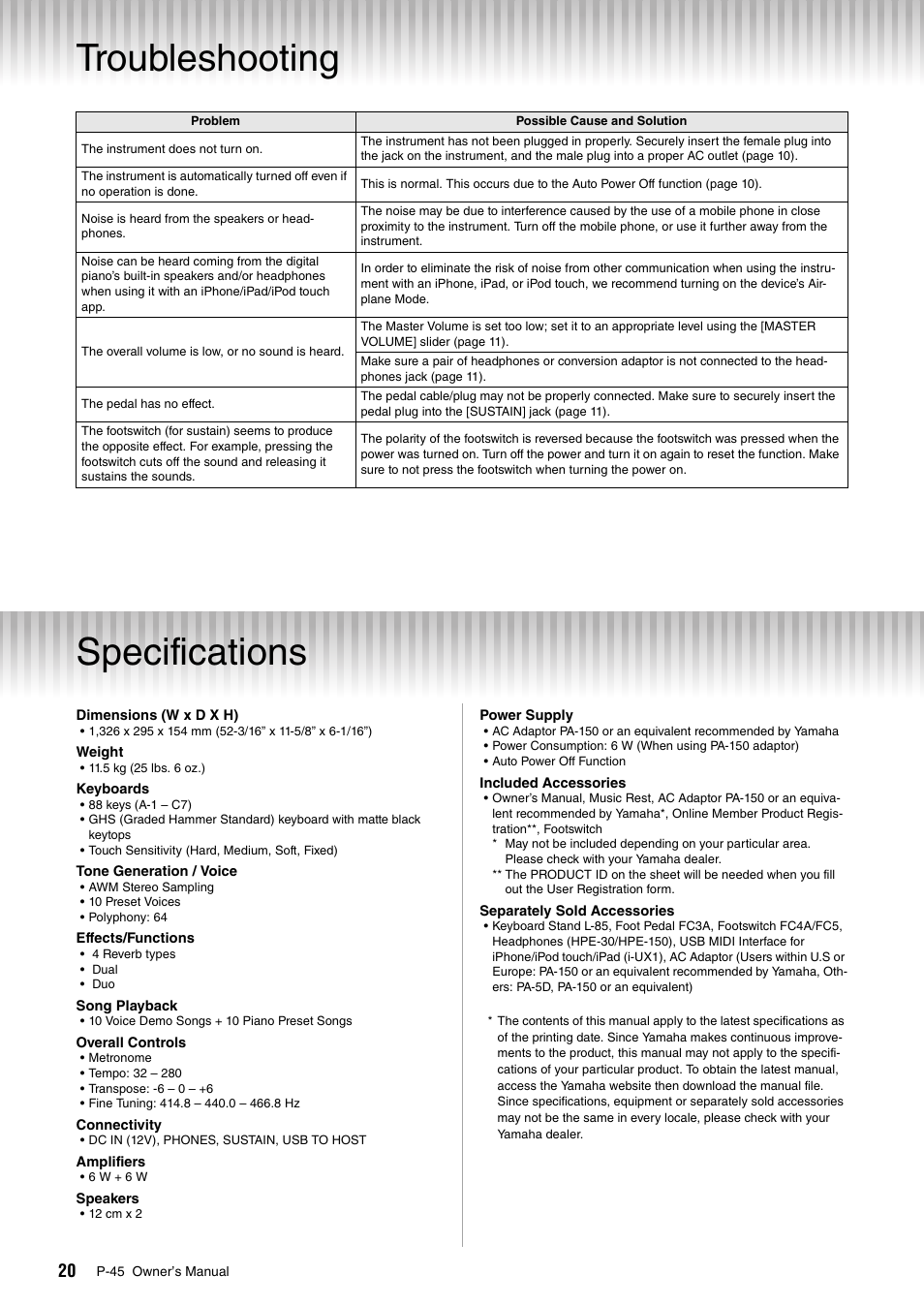 Appendix, Troubleshooting, Specifications | Troubleshooting specifications | Yamaha P-45 User Manual | Page 20 / 24