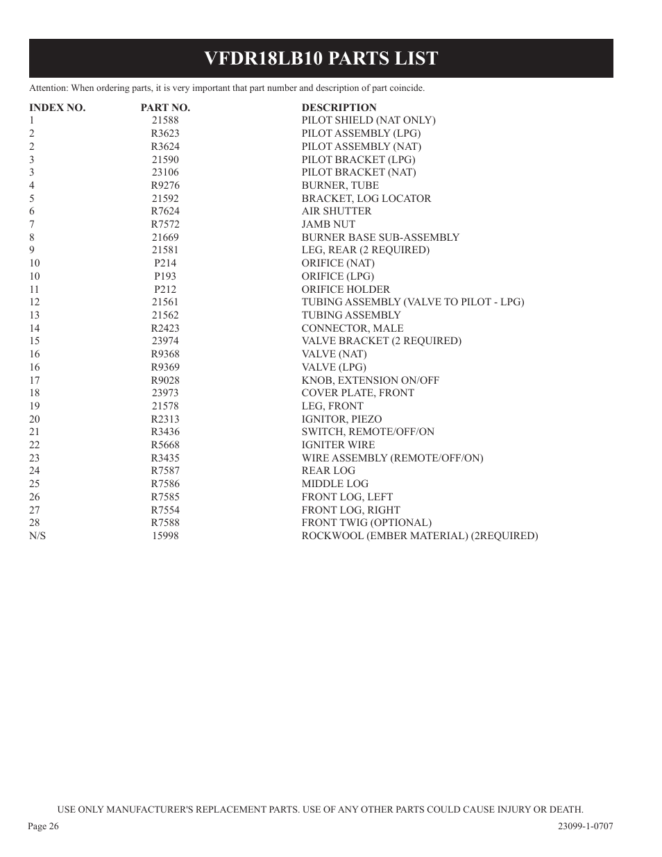 Vfdr18lb10 Parts List Empire Comfort Systems Unvented Gas Log