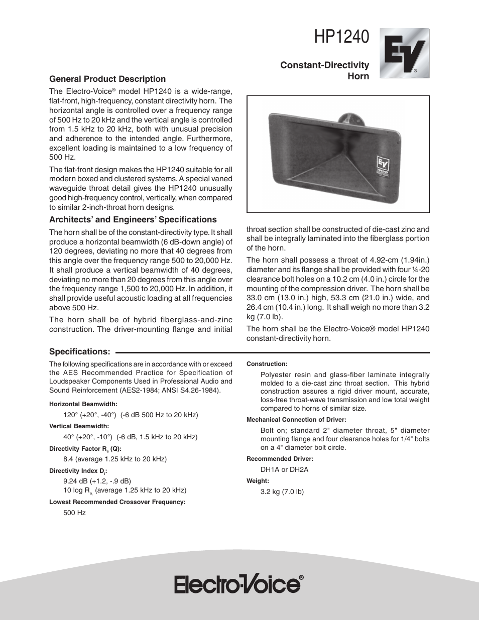 Electro-Voice Constant-Directivity Horn HP1240 User Manual | 2 pages ...