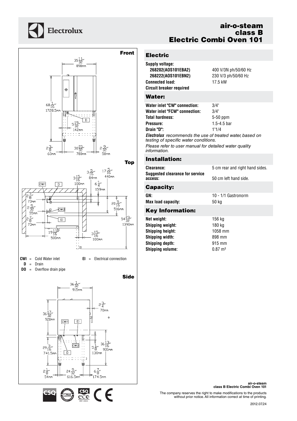 Electrolux AOS102GCP2 Air O Convect Combi Convection AND AIR O STEAM Oven  1793 