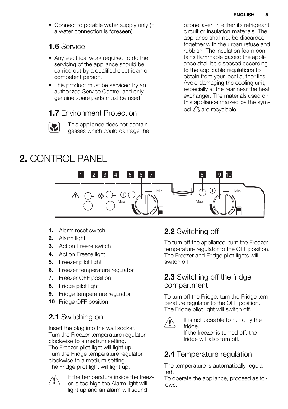 Control Panel 6 Service 7 Environment Protection Electrolux En3700ahw User Manual Page 5 20