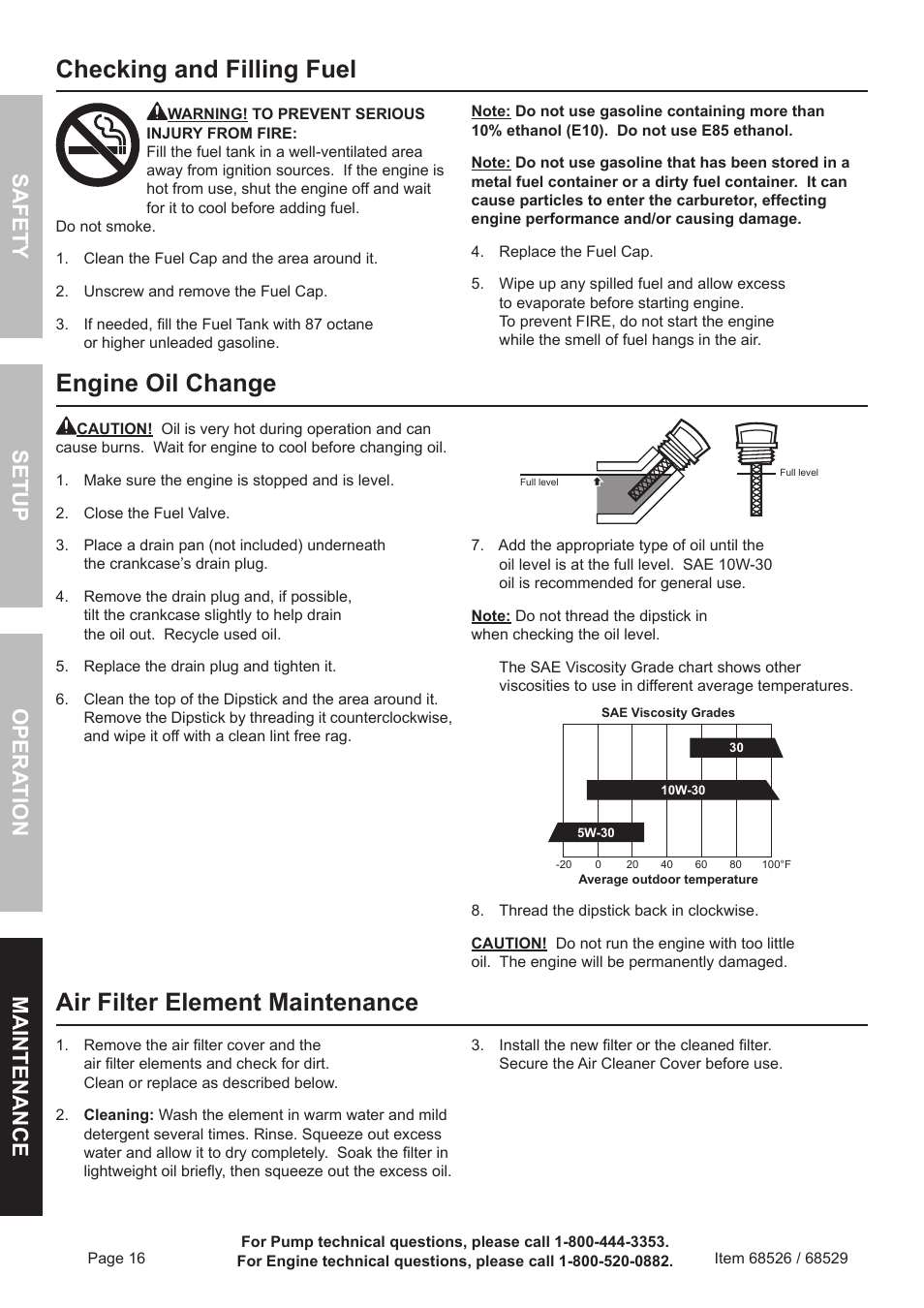 Checking and filling fuel, Engine oil change, Air filter element maintenance | Harbor Freight Tools Predator 6500 Watt Portable Generator 68526 User Manual | Page 16 / 24