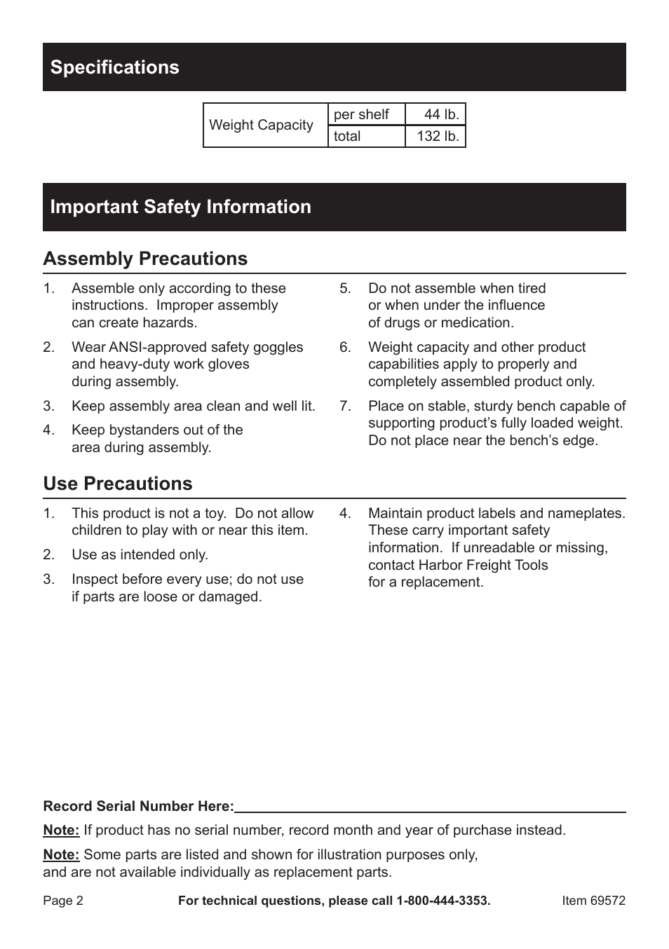 Specifications Important Safety Information Assembly Precautions