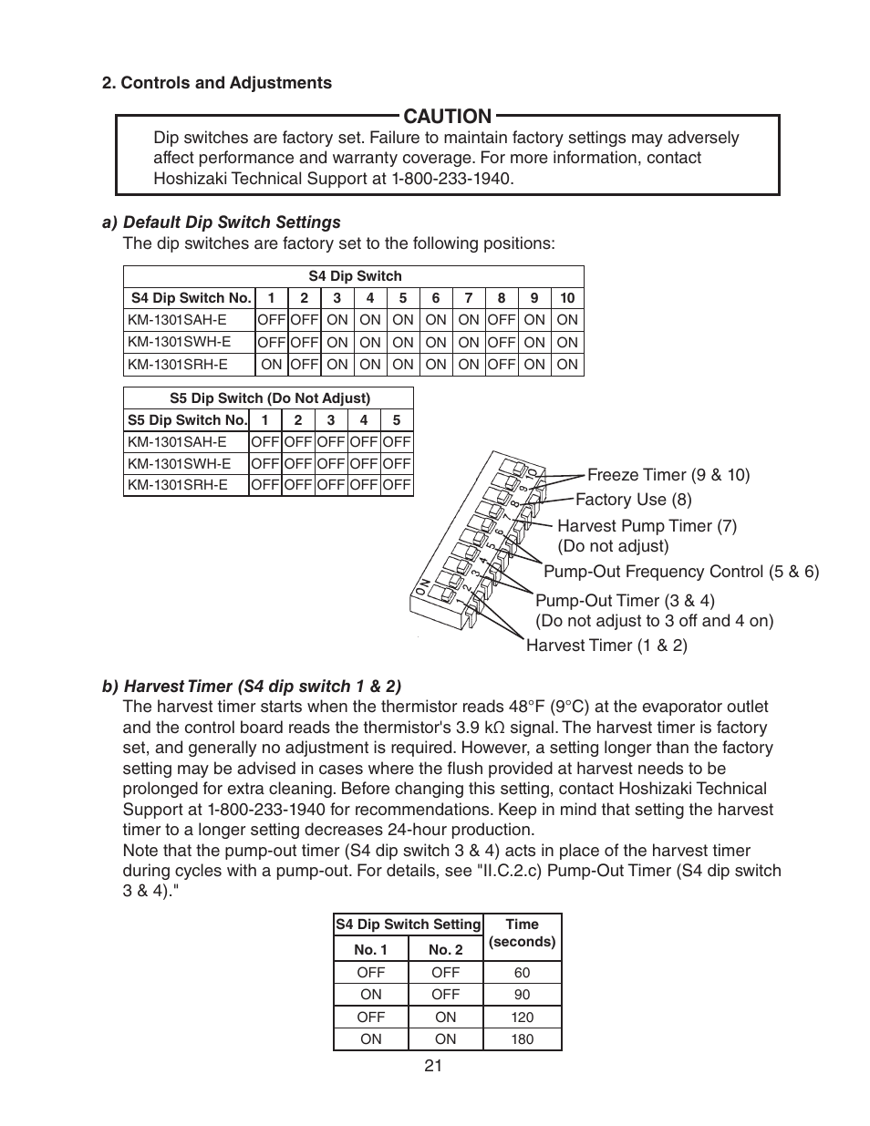Controls and adjustments, A) default dip switch settings, harvest timer (s4 dip switch 1 & 2) | Hoshizaki STACKABLE CRESCENT CUBER User Manual | Page 21 / 59