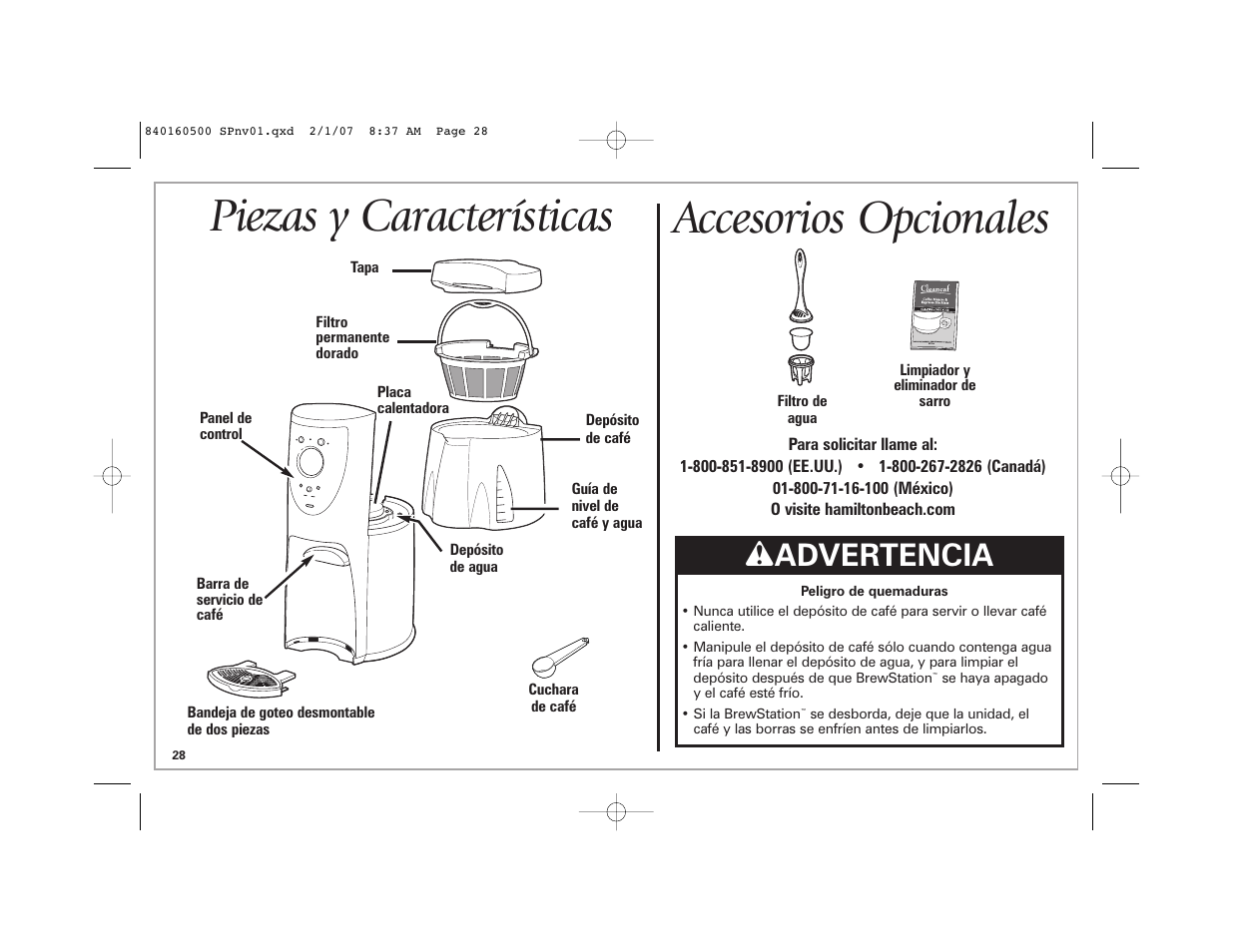Piezas Y Caracteristicas Accesorios Opcionales W Advertencia Hamilton Beach Brewstation Deluxe 47454c User Manual Page 28 40 Original Mode