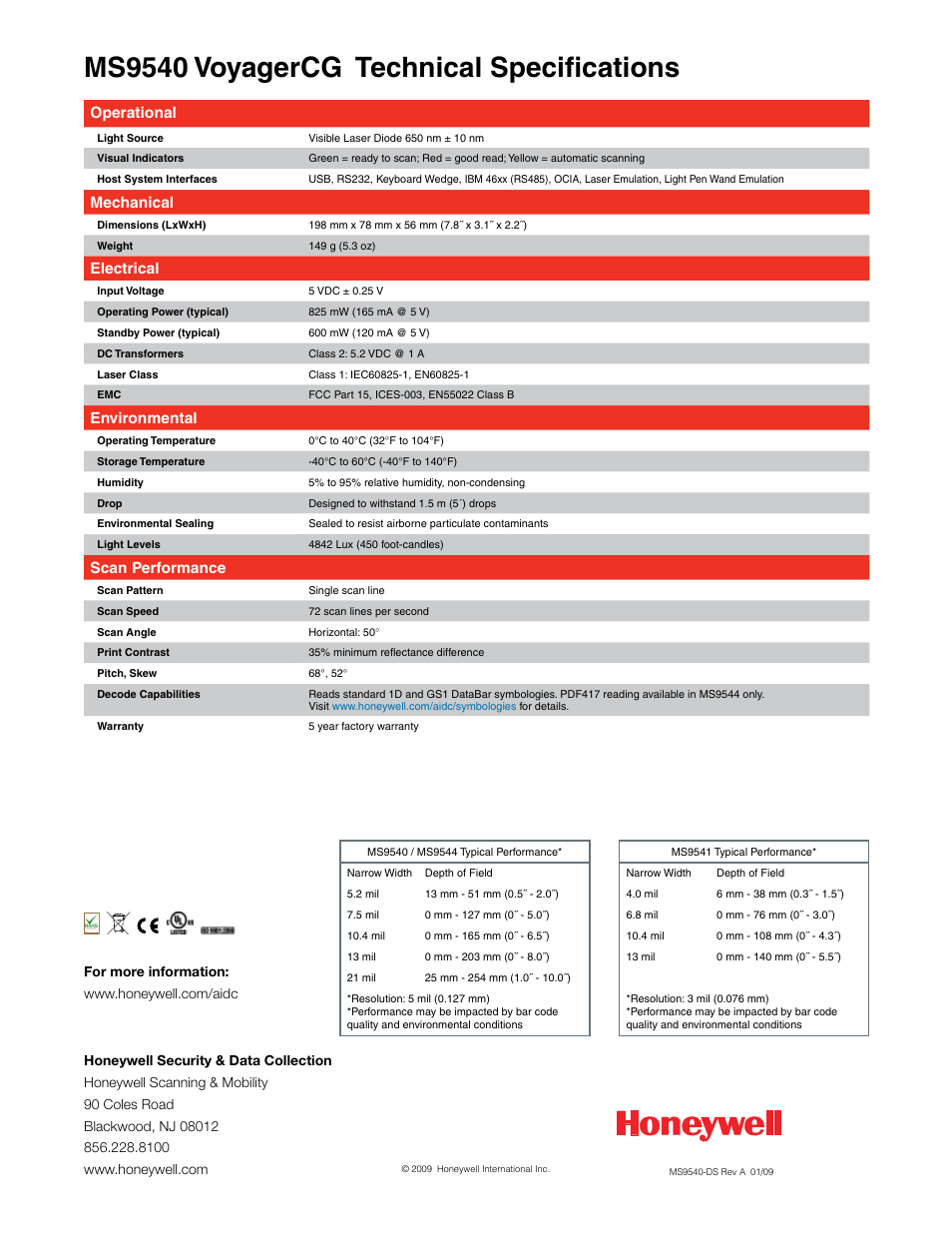 Ms9540 voyagercg technical specifications, Operational, Mechanical