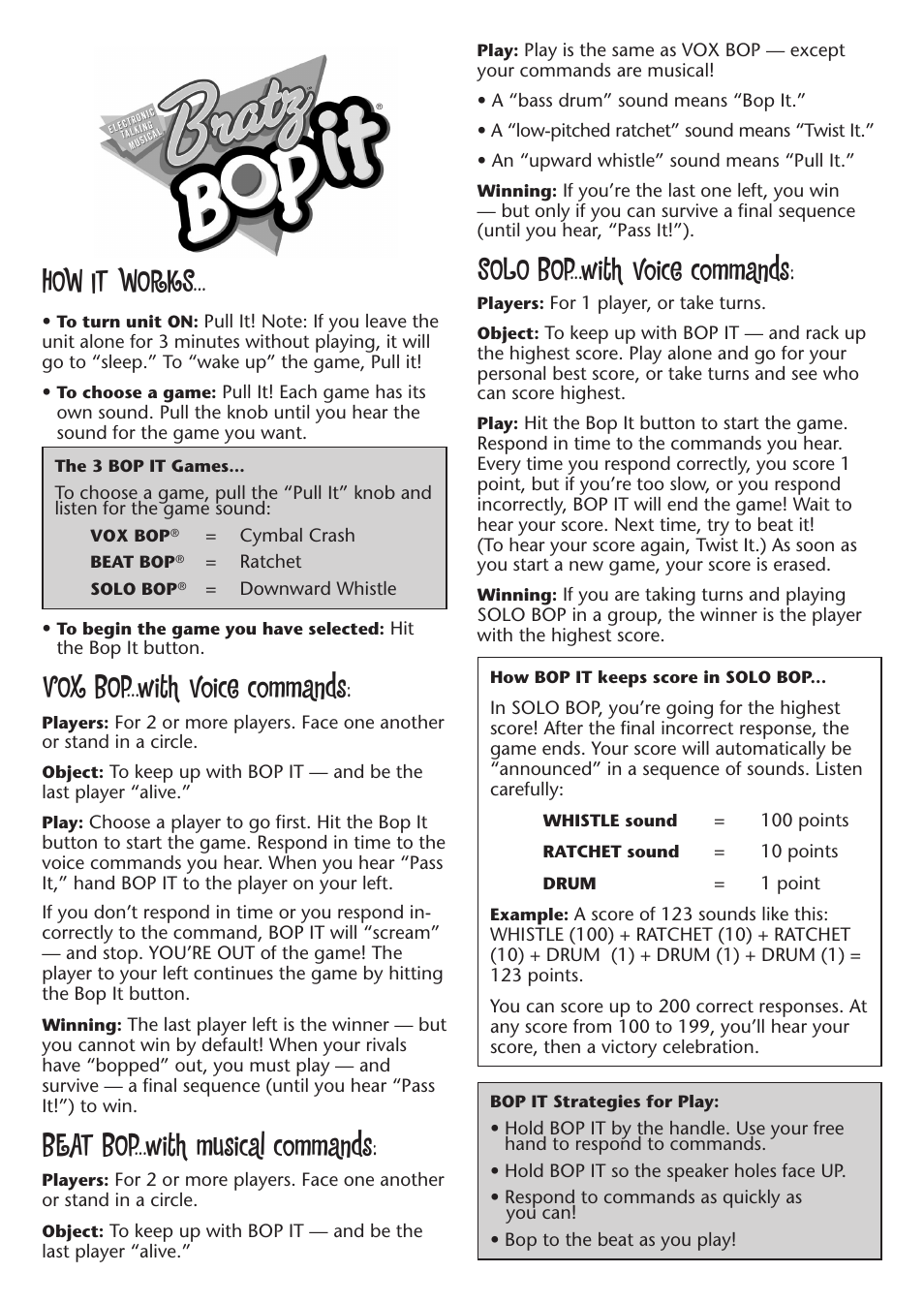 How it works, Vox bop...with voice commands, Beat bop...with musical  commands | Hasbro Bop it Bratz User Manual | Page 2 / 2 | Original mode