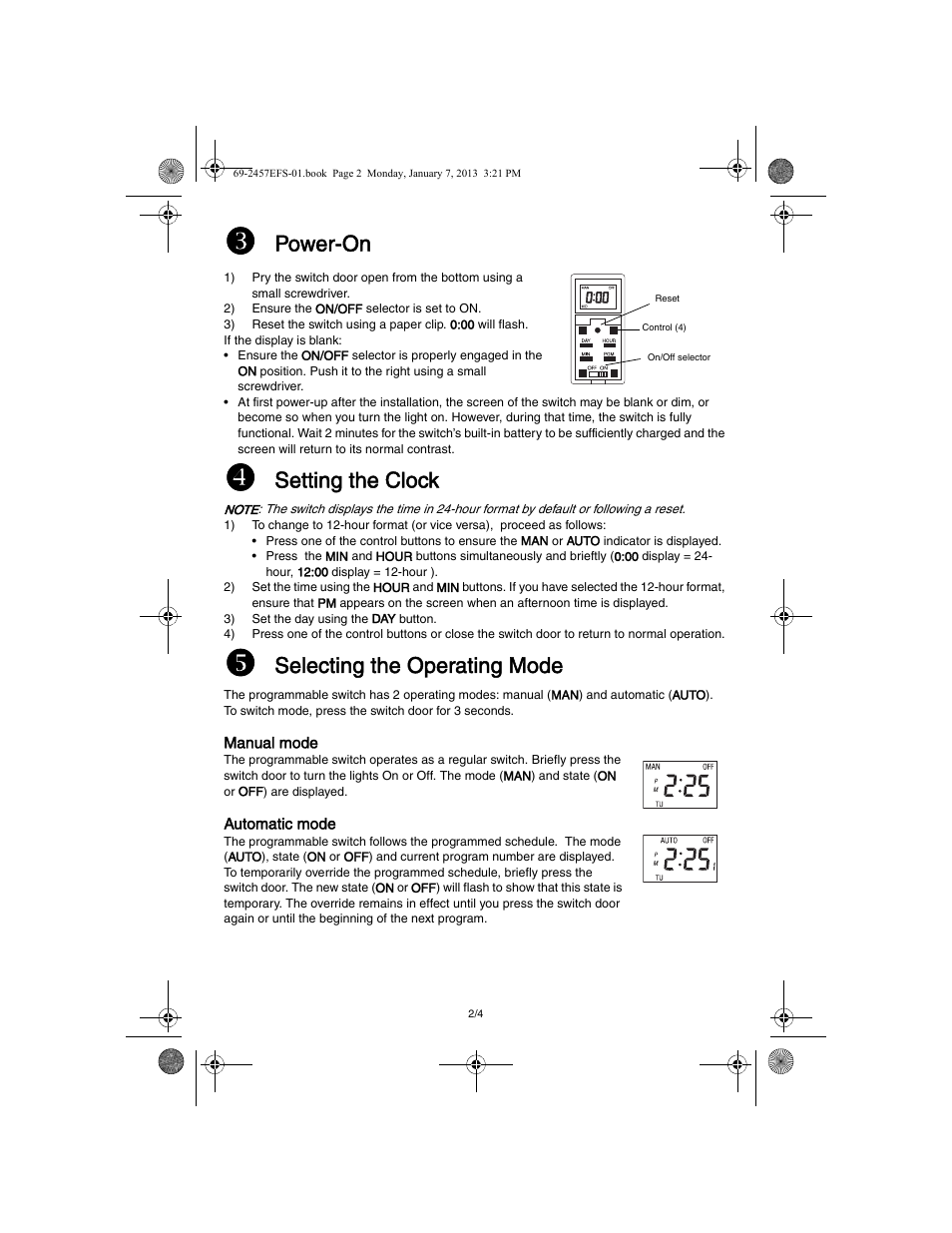 Power-on, Setting the clock, Selecting the operating mode | Honeywell