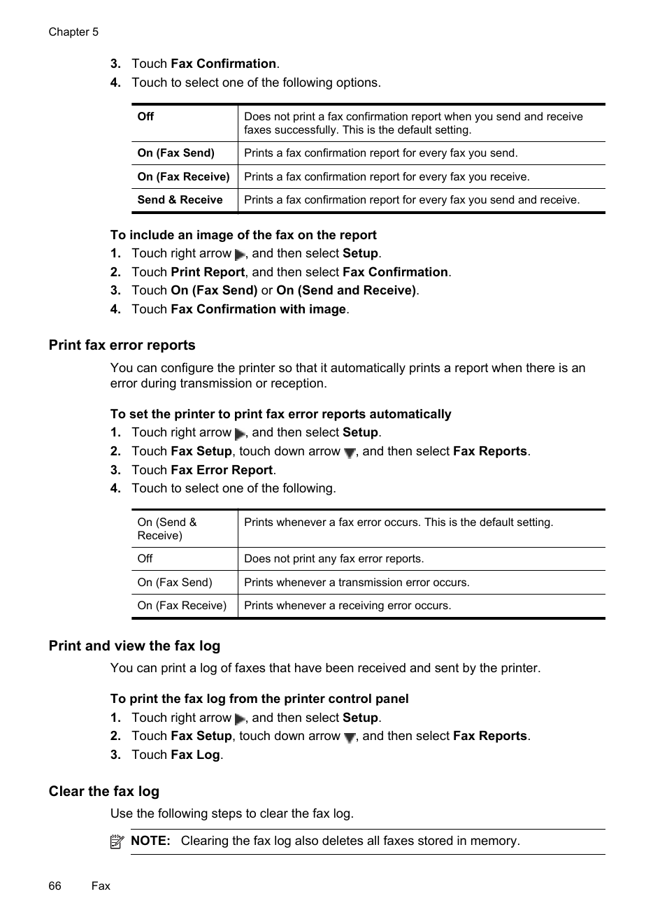 Print fax error reports, Print and view the fax log, Clear the fax log