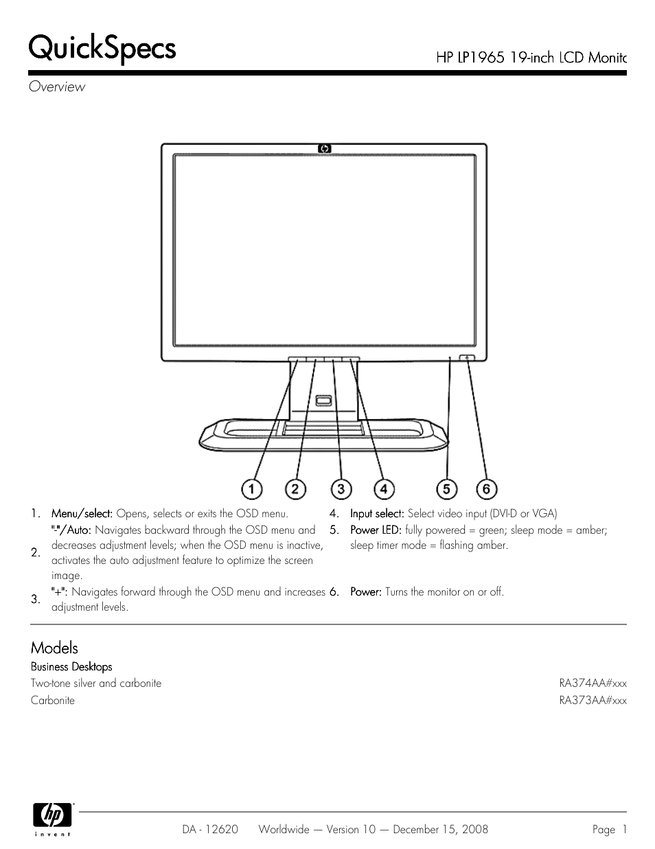 HP 19 INch LCD Monitor LP1965 User Manual | 11 pages