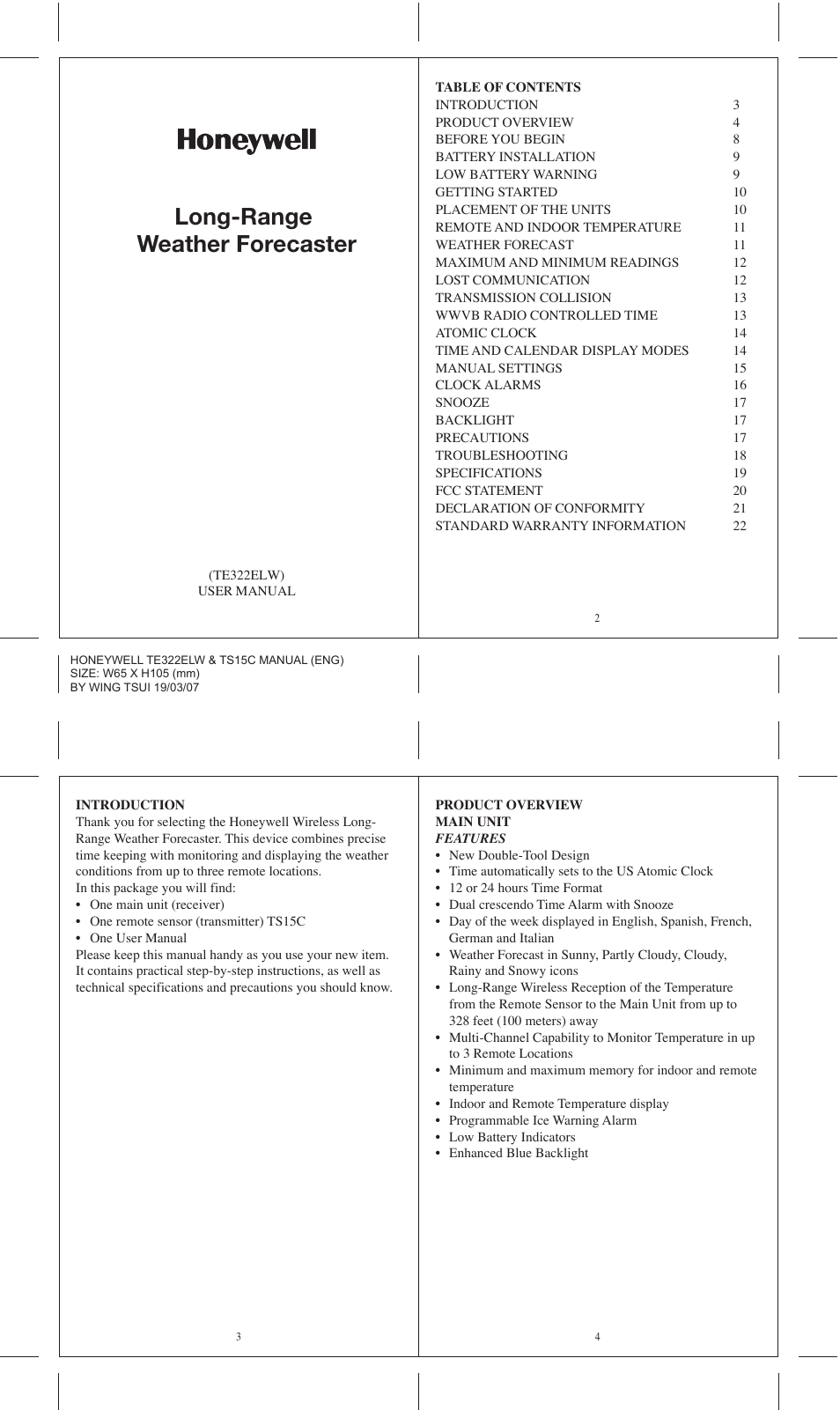 Honeywell TE322ELW User Manual | 6 pages