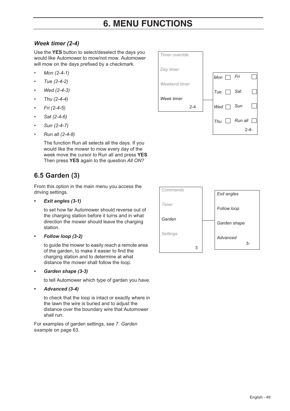 Menu functions, 5 garden Week timer | Husqvarna 220 AC User Manual | Page 48 / 82 | Original mode