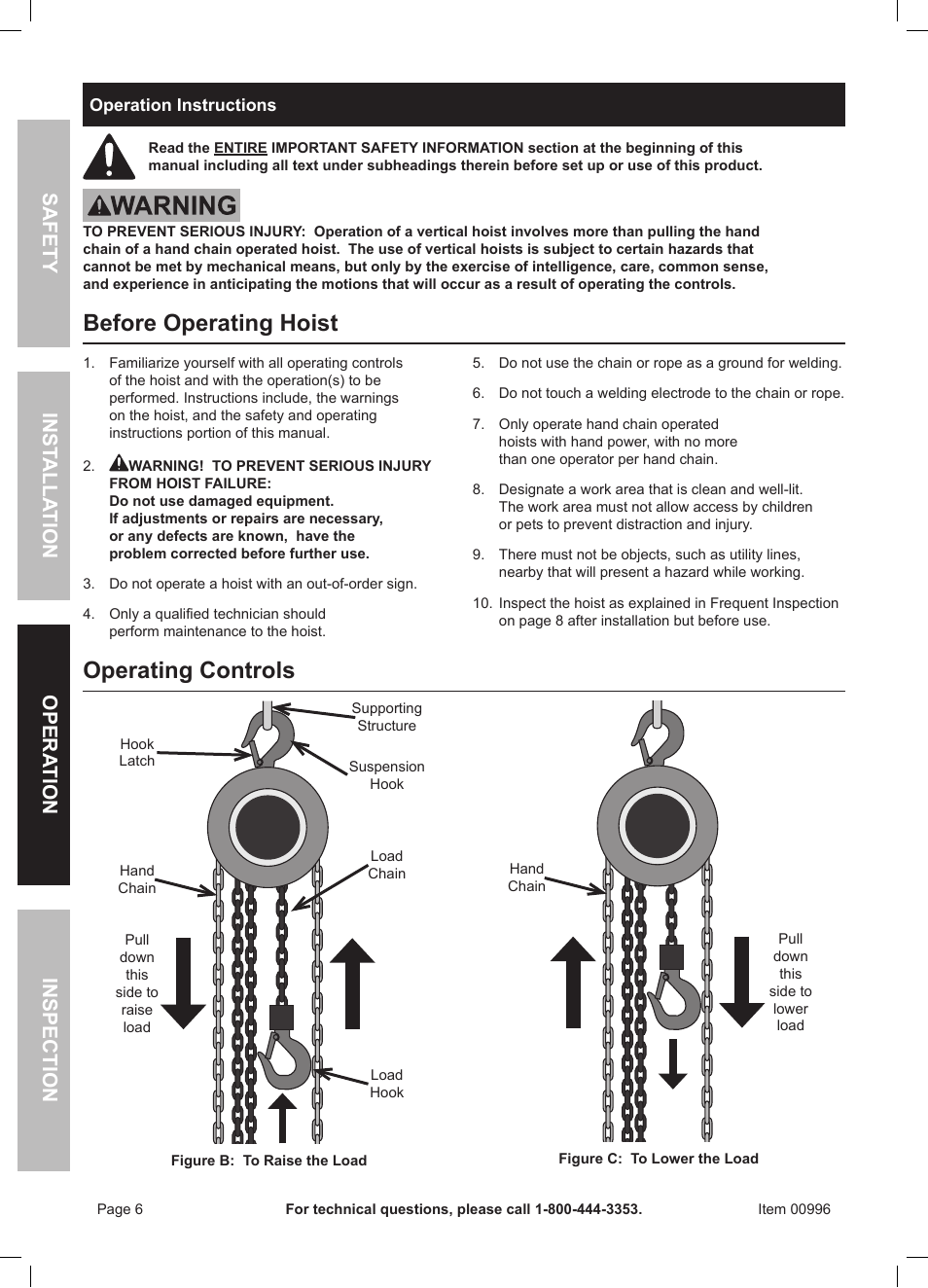 Before operating hoist, Operating controls, Safety opera ...