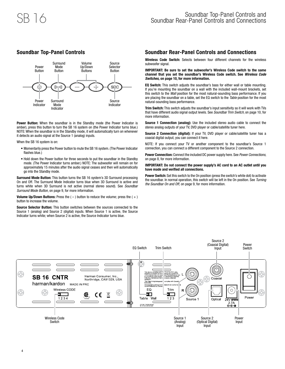 Sb 16, Soundbar top-panel controls, Soundbar rear-panel controls and | Harman-Kardon SB 16 User Manual | Page 4 / 14 | Original mode