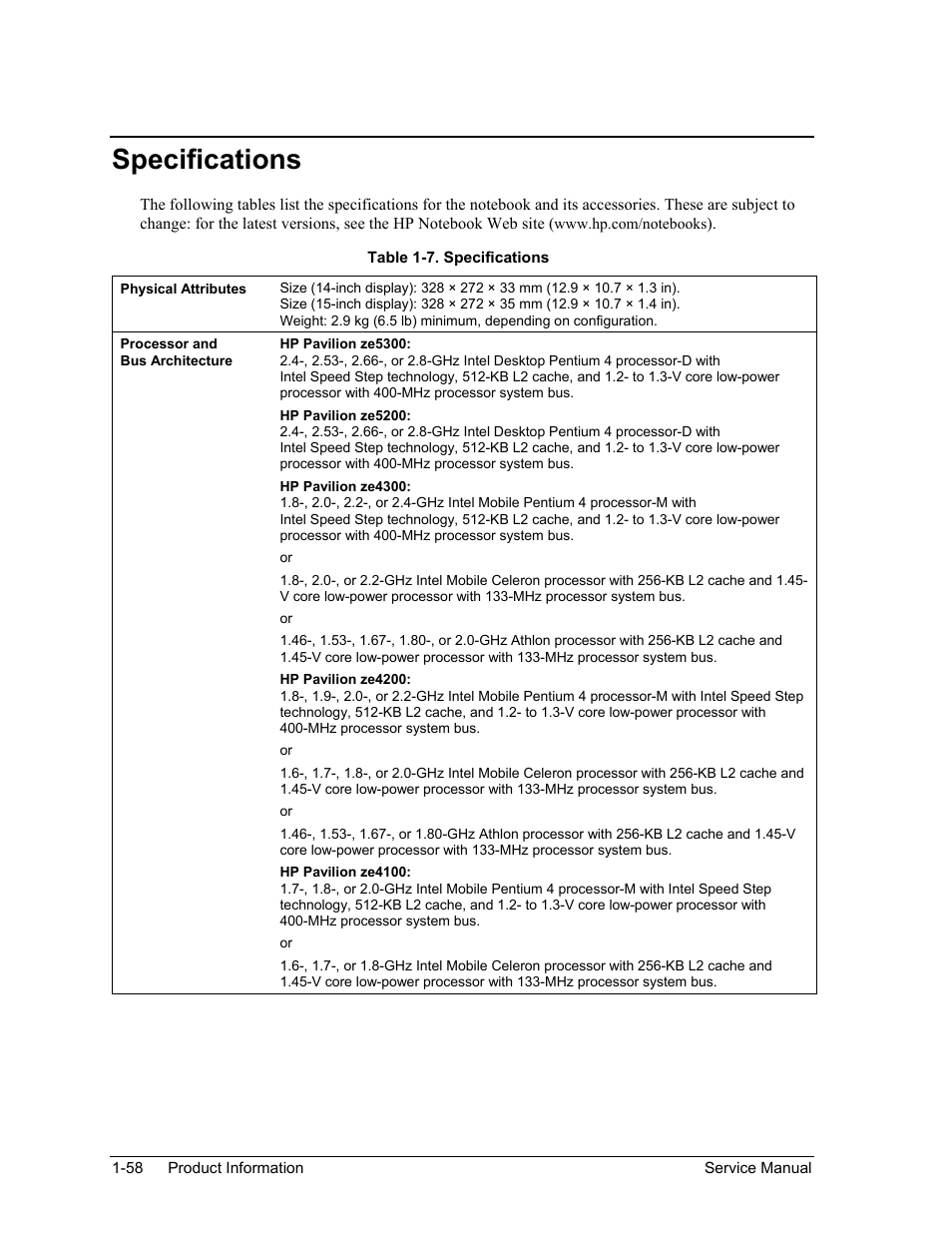 Specifications, Specifications -58, Table 1-7. specifications -58 | HP Pavilion ze5300 User Manual | Page 64 / 188