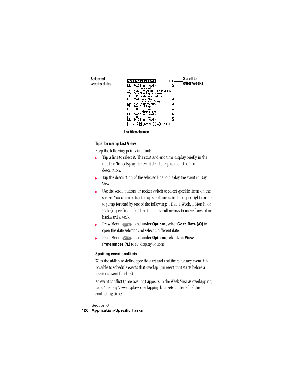 Tips for using list view, Spotting event conflicts | Handspring Treo 300 User Manual | Page 134 / 286
