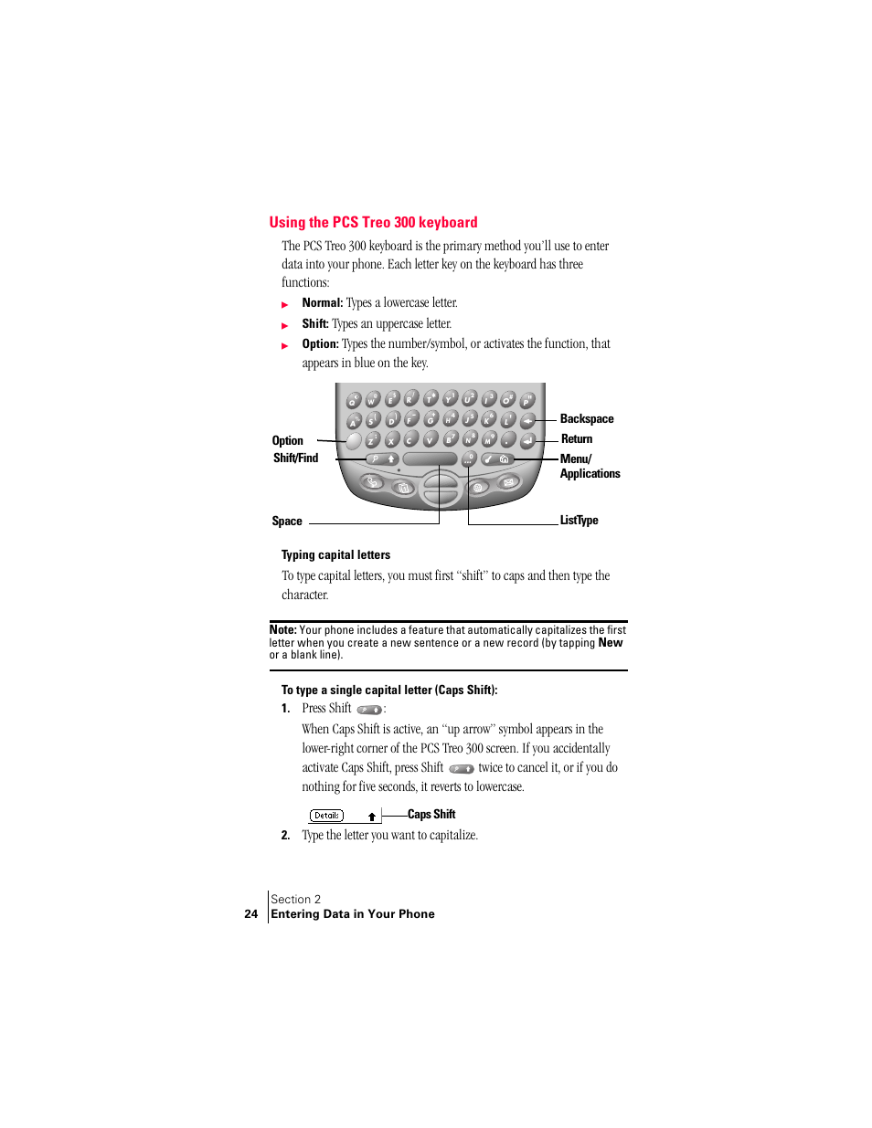 Using the pcs treo 300 keyboard, Typing capital letters, Types a lowercase letter | Types an uppercase letter, Type the letter you want to capitalize | Handspring Treo 300 User Manual | Page 32 / 286