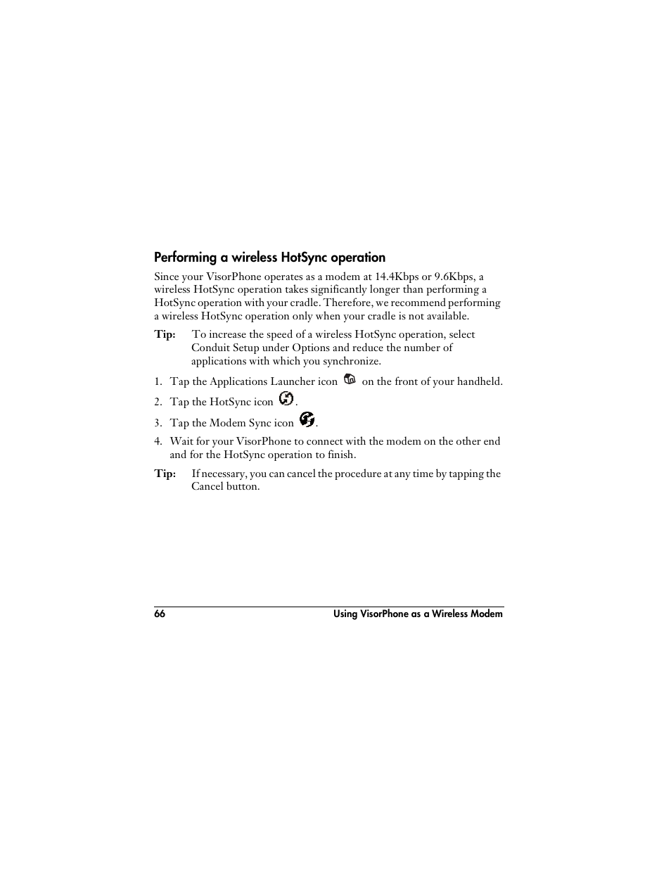 Performing a wireless hotsync operation | Handspring VisorPhone User Manual | Page 72 / 116