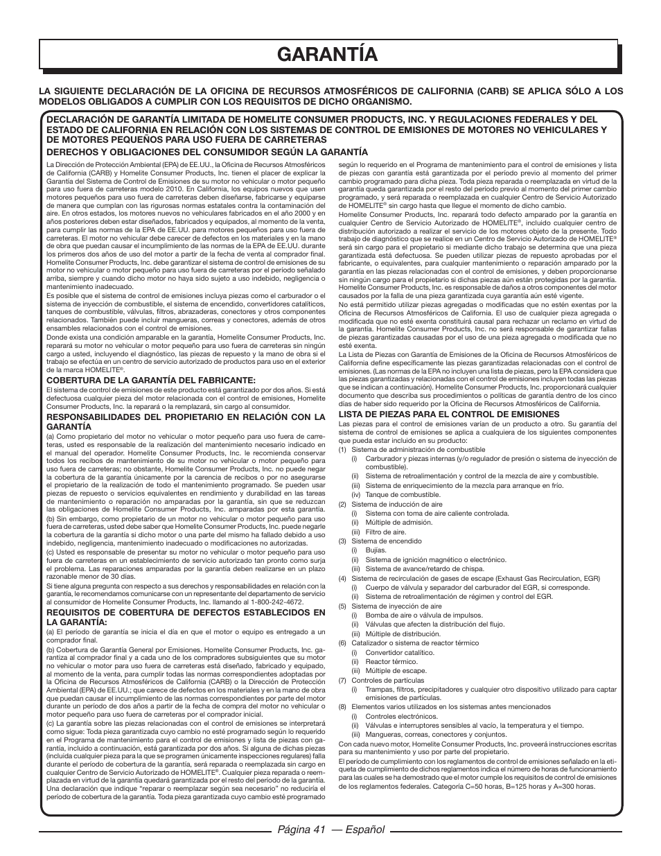 Garantía, Página 41 — español | Homelite UT10585 User Manual | Page 121 / 124