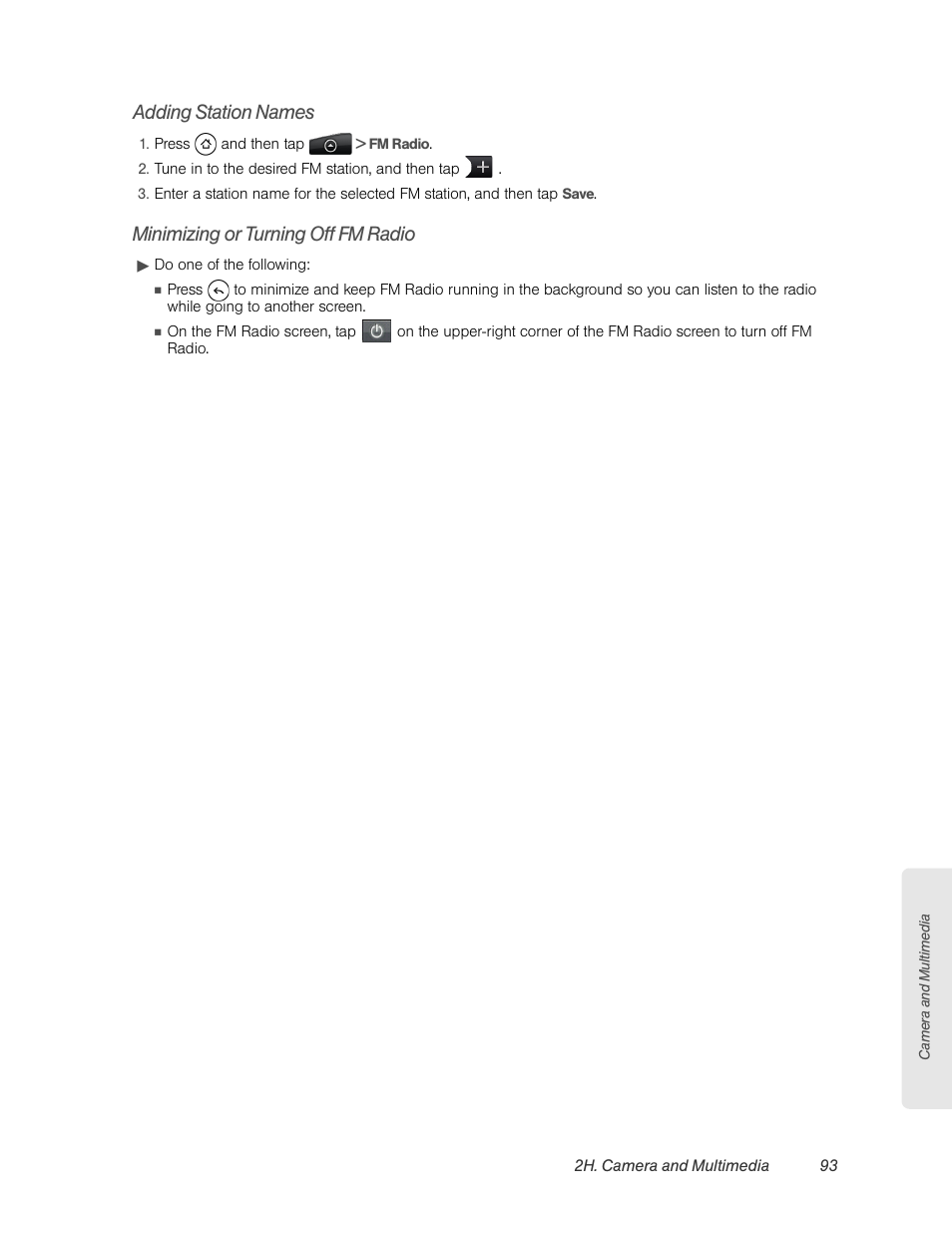 Adding station names, Minimizing or turning off fm radio | HTC EVO 4G User Manual | Page 103 / 197