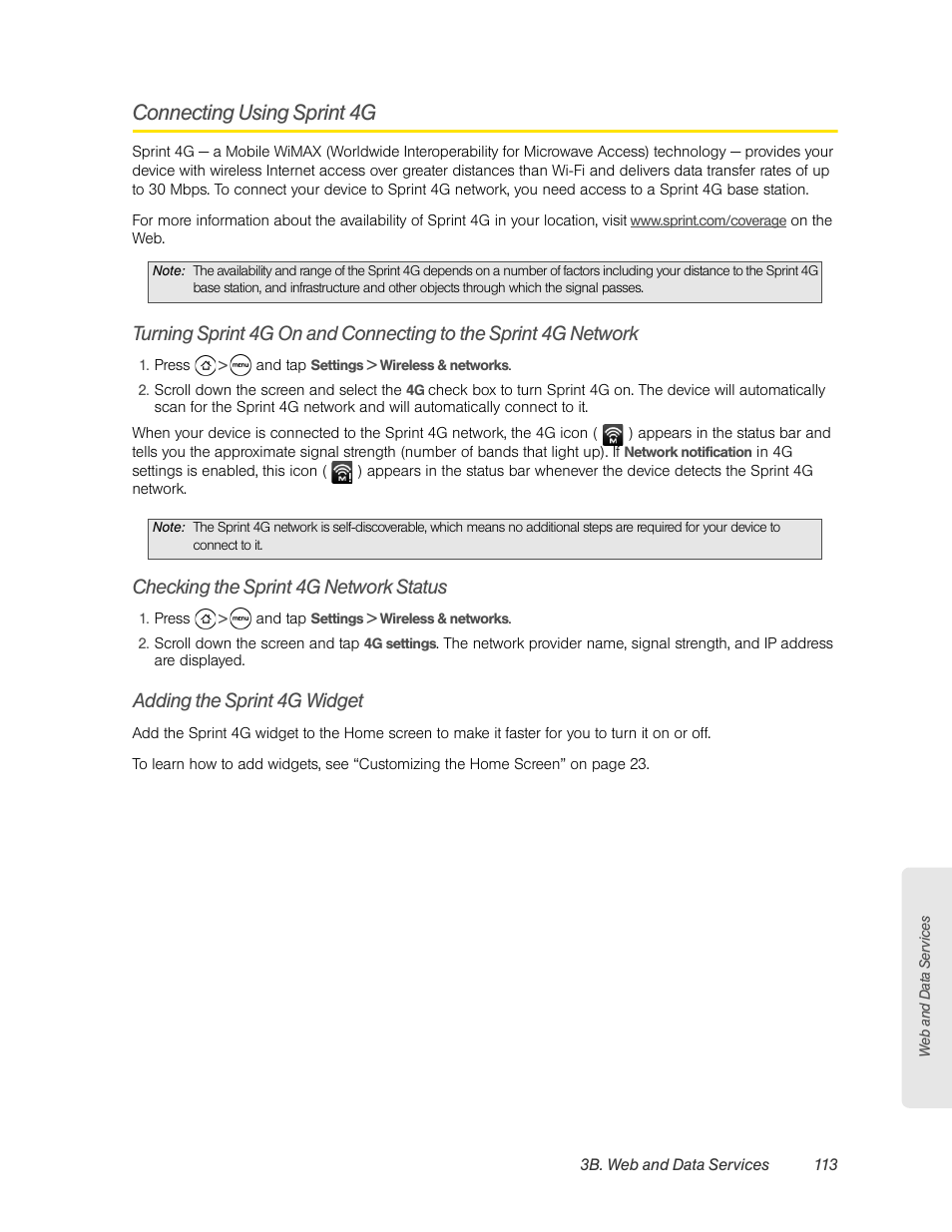 Connecting using sprint 4g, Checking the sprint 4g network status, Adding the sprint 4g widget | Sprint 4g (see “connecting using sprint 4g” for de | HTC EVO 4G User Manual | Page 123 / 197