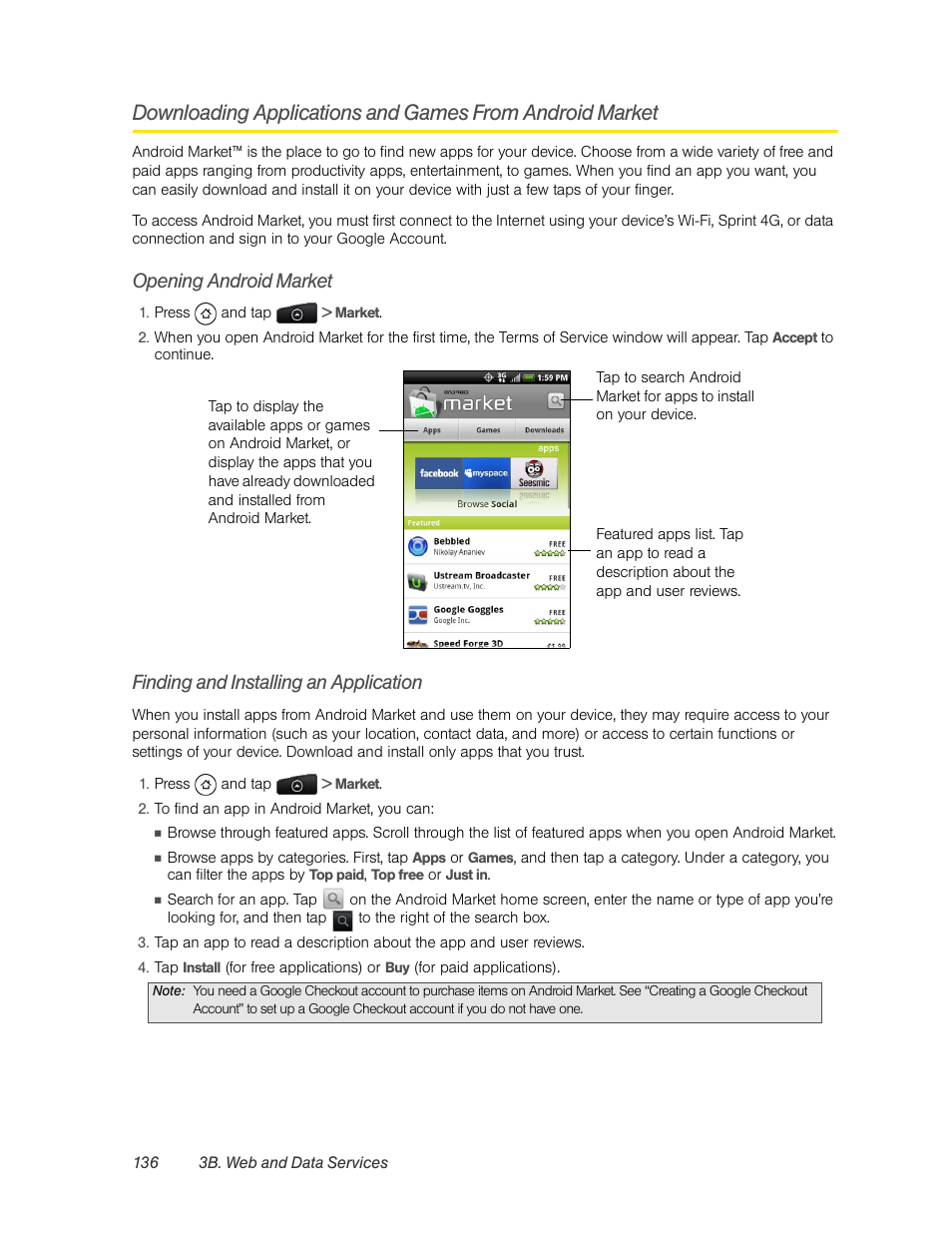 Opening android market, Finding and installing an application | HTC EVO 4G User Manual | Page 146 / 197