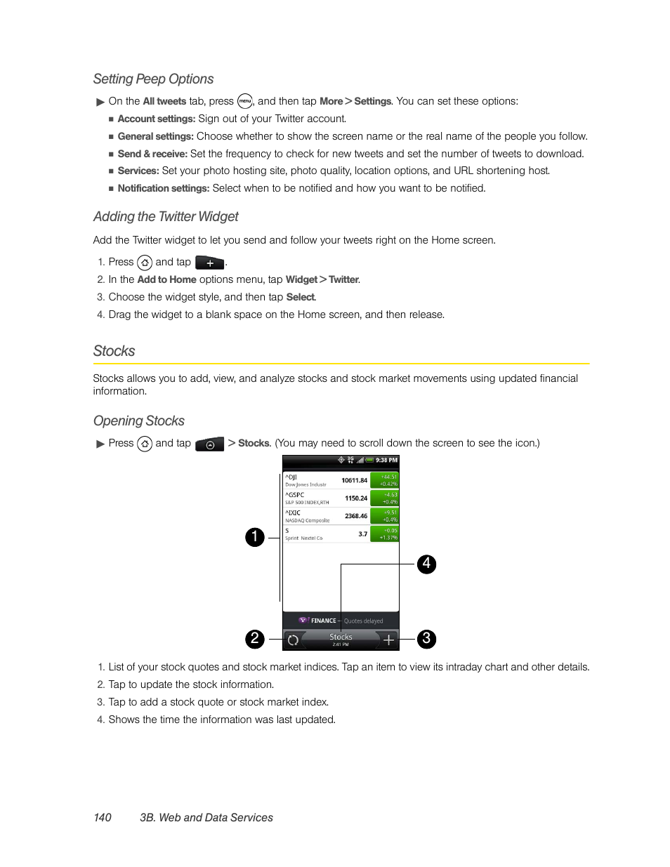 Setting peep options, Adding the twitter widget, Stocks | Opening stocks | HTC EVO 4G User Manual | Page 150 / 197