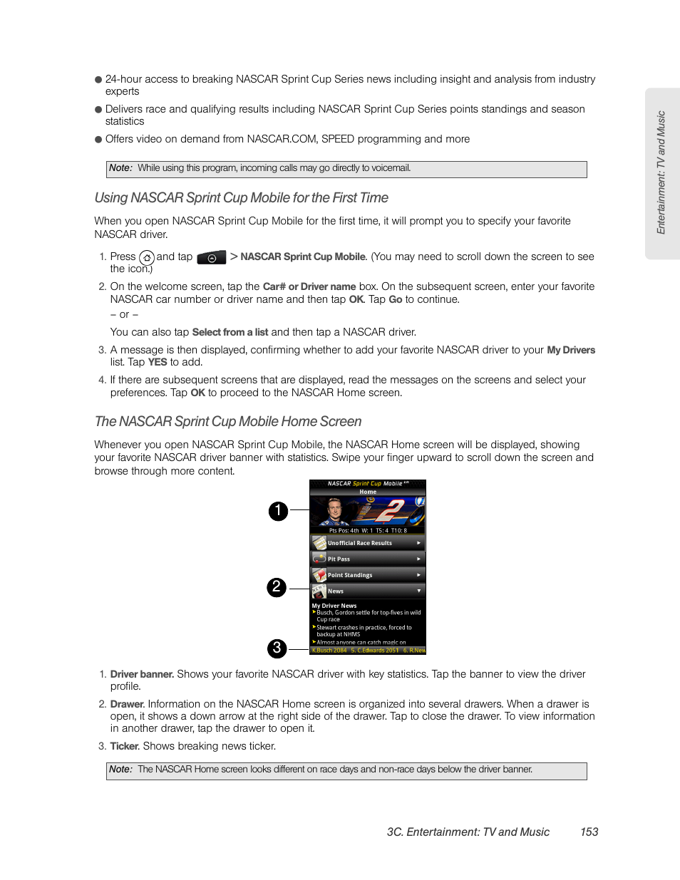 Using nascar sprint cup mobile for the first time, The nascar sprint cup mobile home screen | HTC EVO 4G User Manual | Page 163 / 197