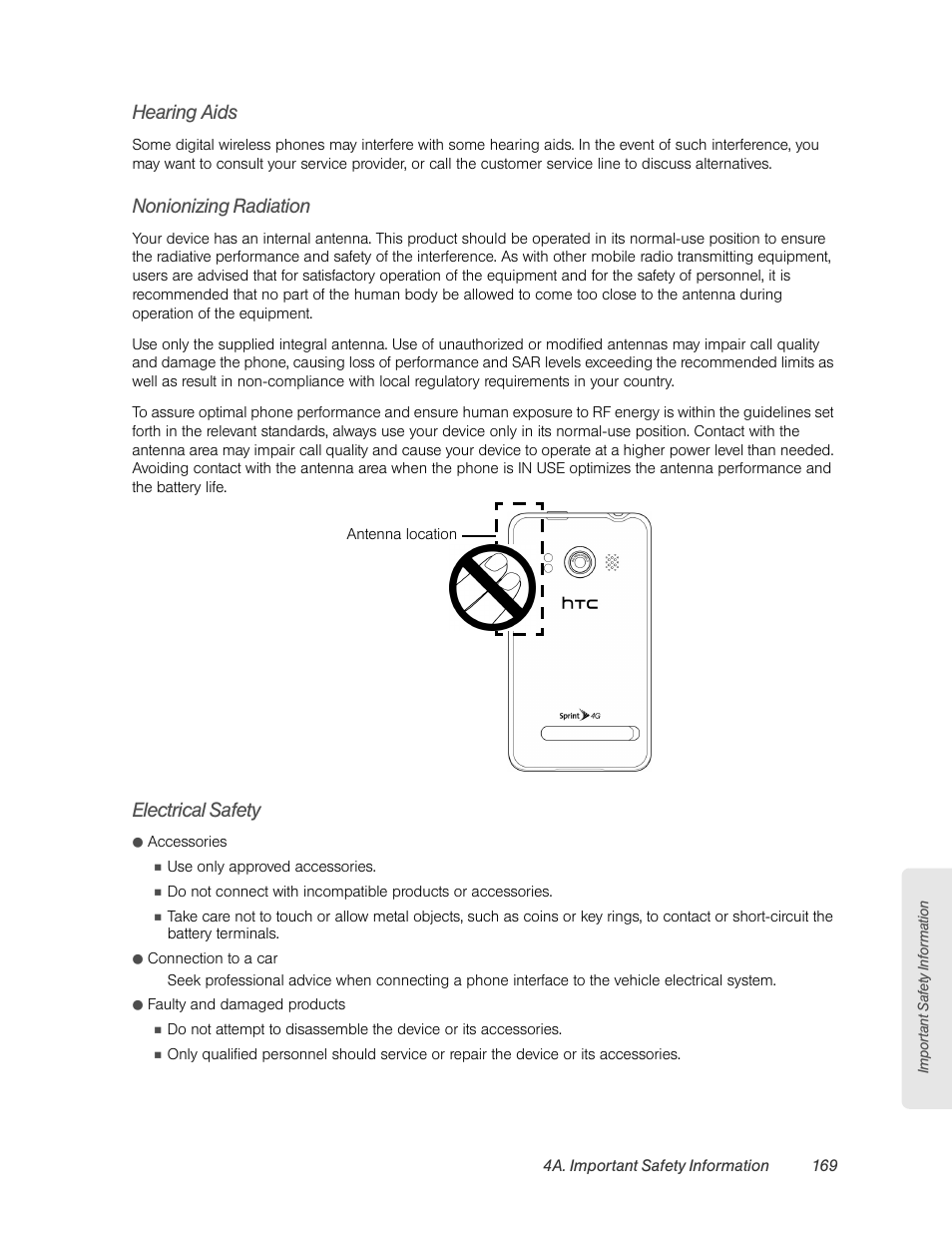 Hearing aids, Nonionizing radiation, Electrical safety | HTC EVO 4G User Manual | Page 179 / 197