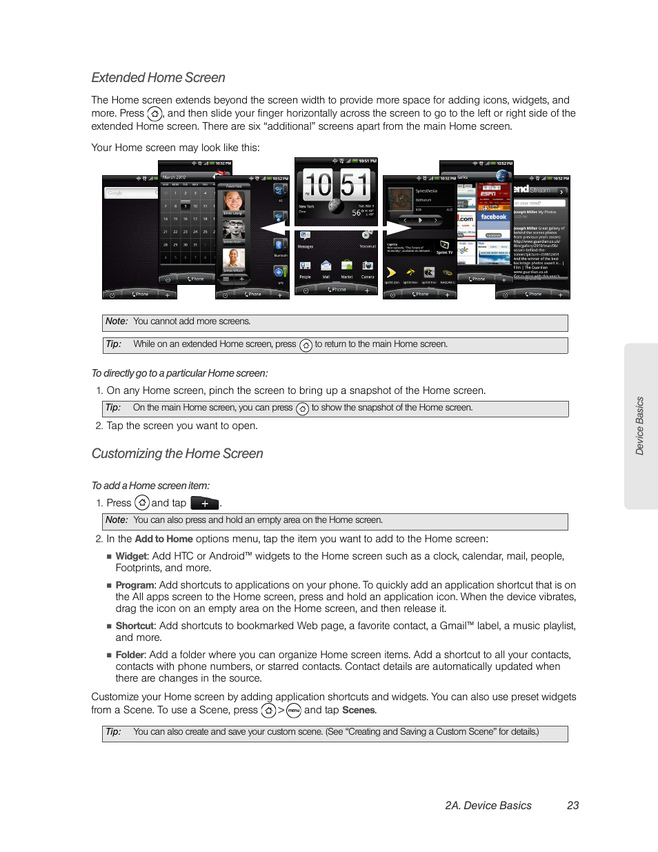 Extended home screen, Customizing the home screen | HTC EVO 4G User Manual | Page 33 / 197