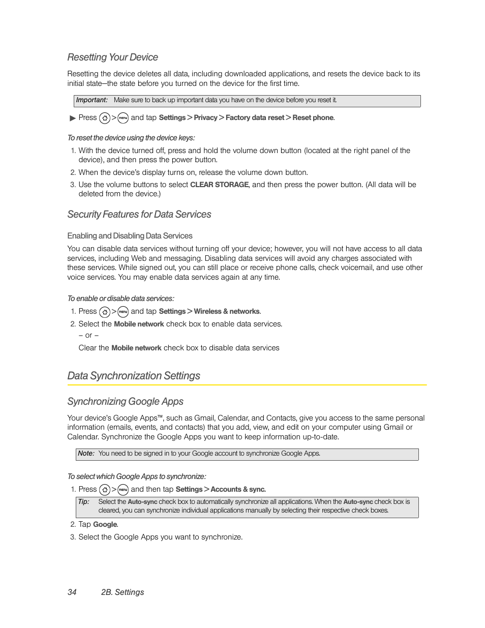 Resetting your device, Security features for data services, Data synchronization settings | Synchronizing google apps | HTC EVO 4G User Manual | Page 44 / 197