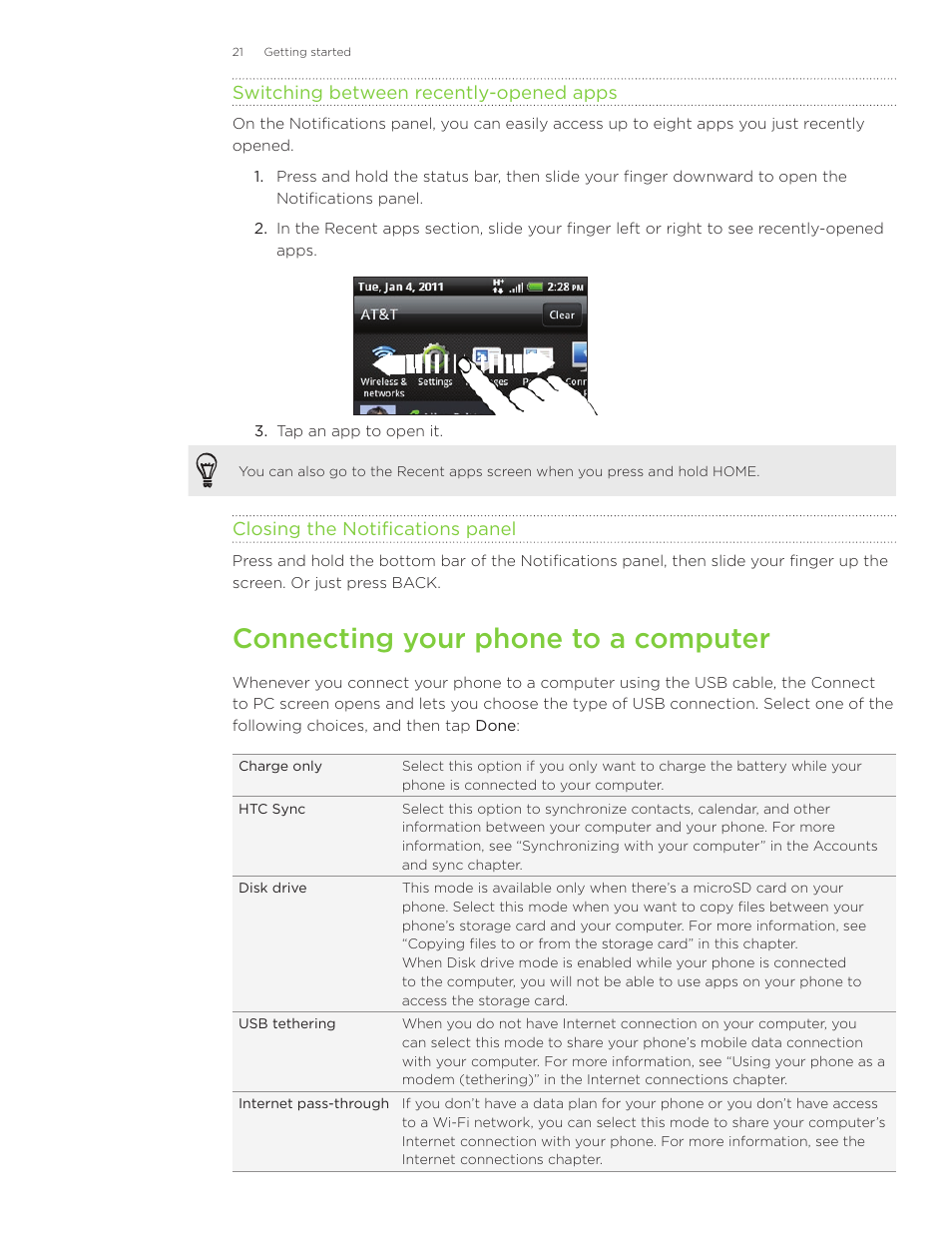 Connecting your phone to a computer | HTC Inspire 4G User Manual | Page 21 / 206