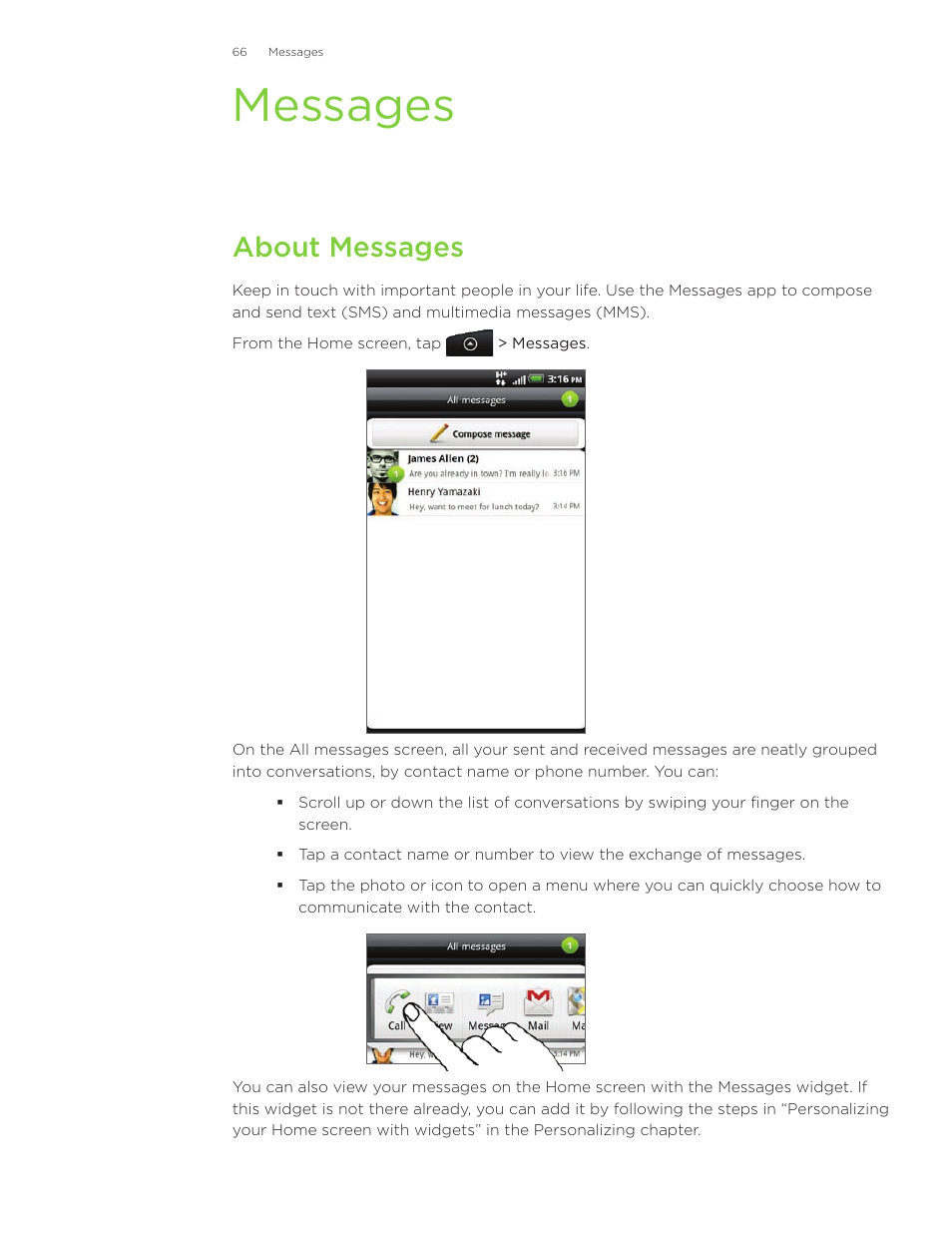 Messages, About messages | HTC Inspire 4G User Manual | Page 66 / 206