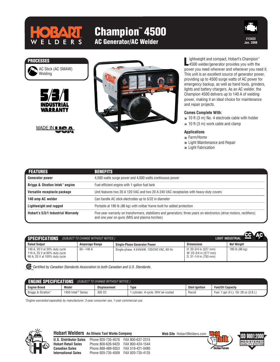 Hobart Welding Products AC Generator/AC Welder Champion 4500 User Manual | 2 pages