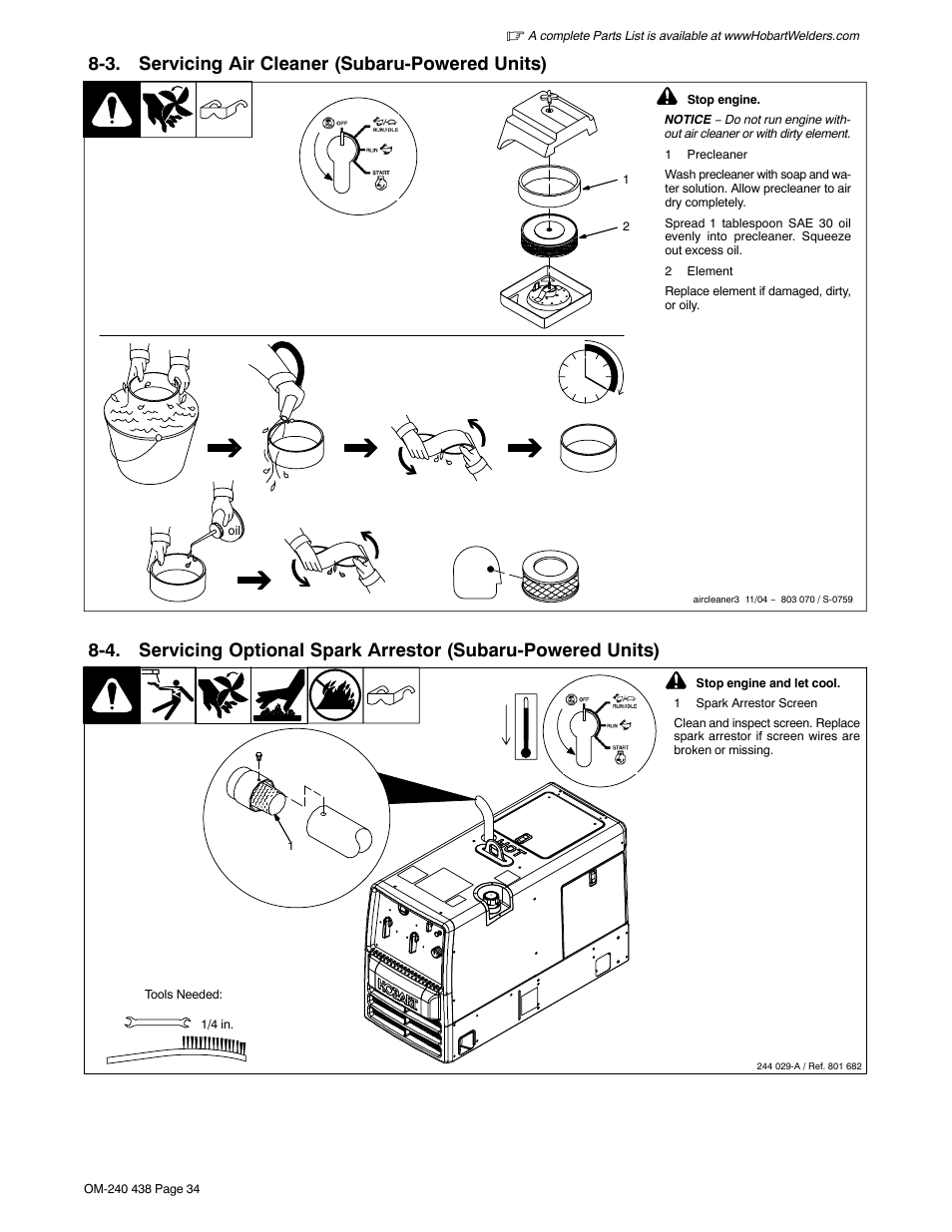 3. servicing air cleaner (subaru-powered units), Section 8-4, Section 8-3 | Hobart Welding Products CHAMPION ELITE OM-240 438B User Manual | Page 38 / 72