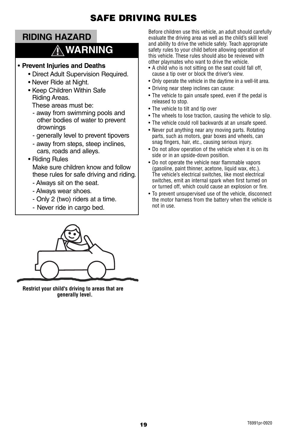 Warning, Riding hazard, Safe driving rules | Fisher-Price Power Wheels Ford F-150 T6991 User Manual | Page 19 / 28