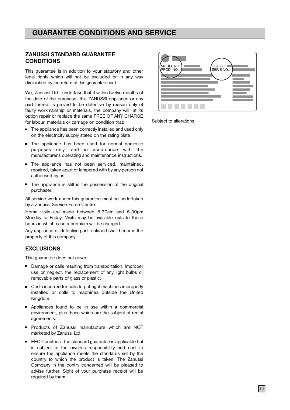 Guarantee conditions and service | FRIGIDAIRE FCFH 183 BW User Manual | Page 11 / 11