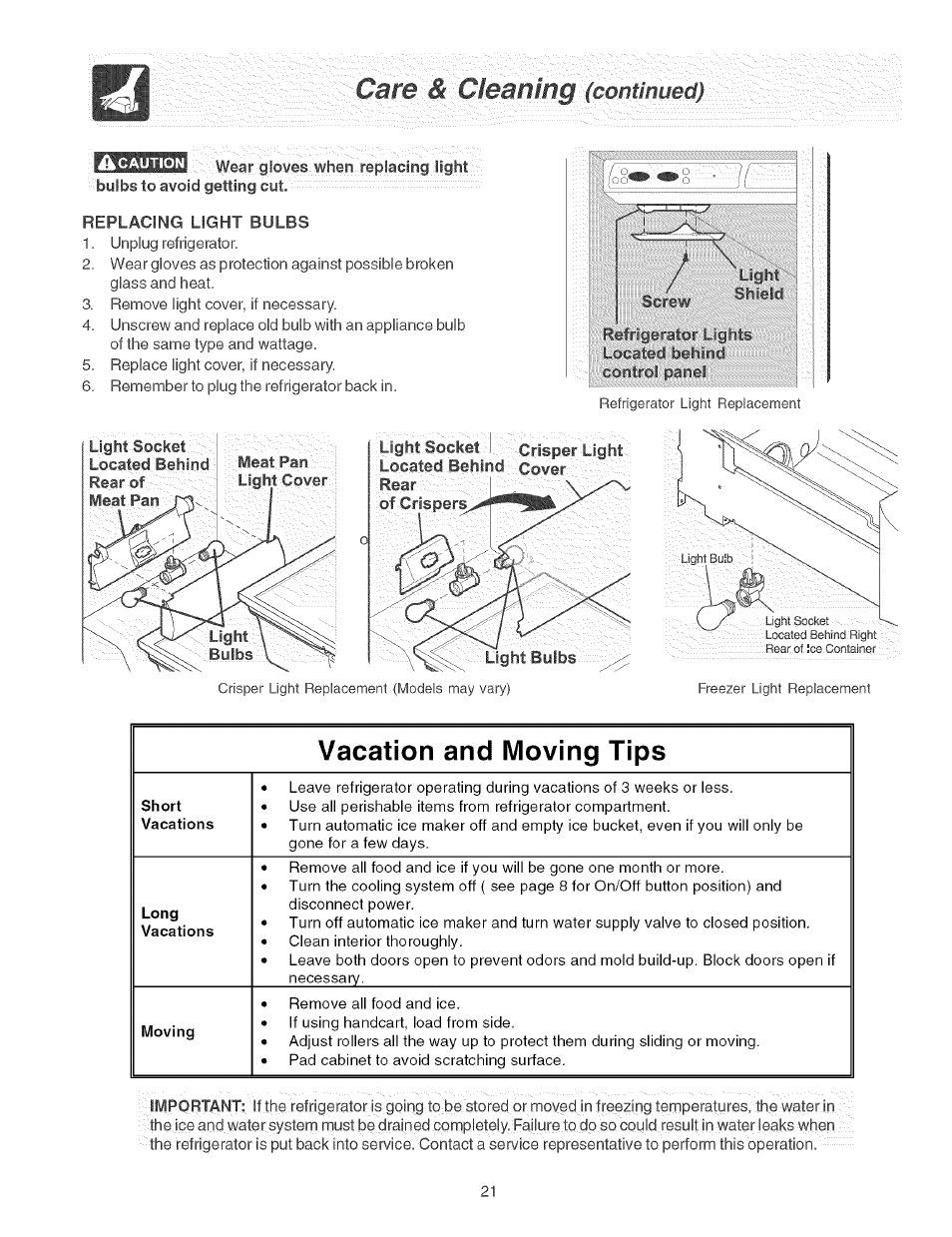 J'^''oeailll1^:(conf#fiiiedj, Vacation and moving tips | FRIGIDAIRE Refrigerator User Manual | Page 21 / 26
