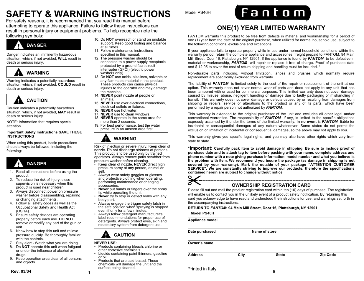 Safety & warning instructions, One(1) year limited warranty | Fantom Vacuum PATIO SCRUBBER PS46H User Manual | Page 2 / 4